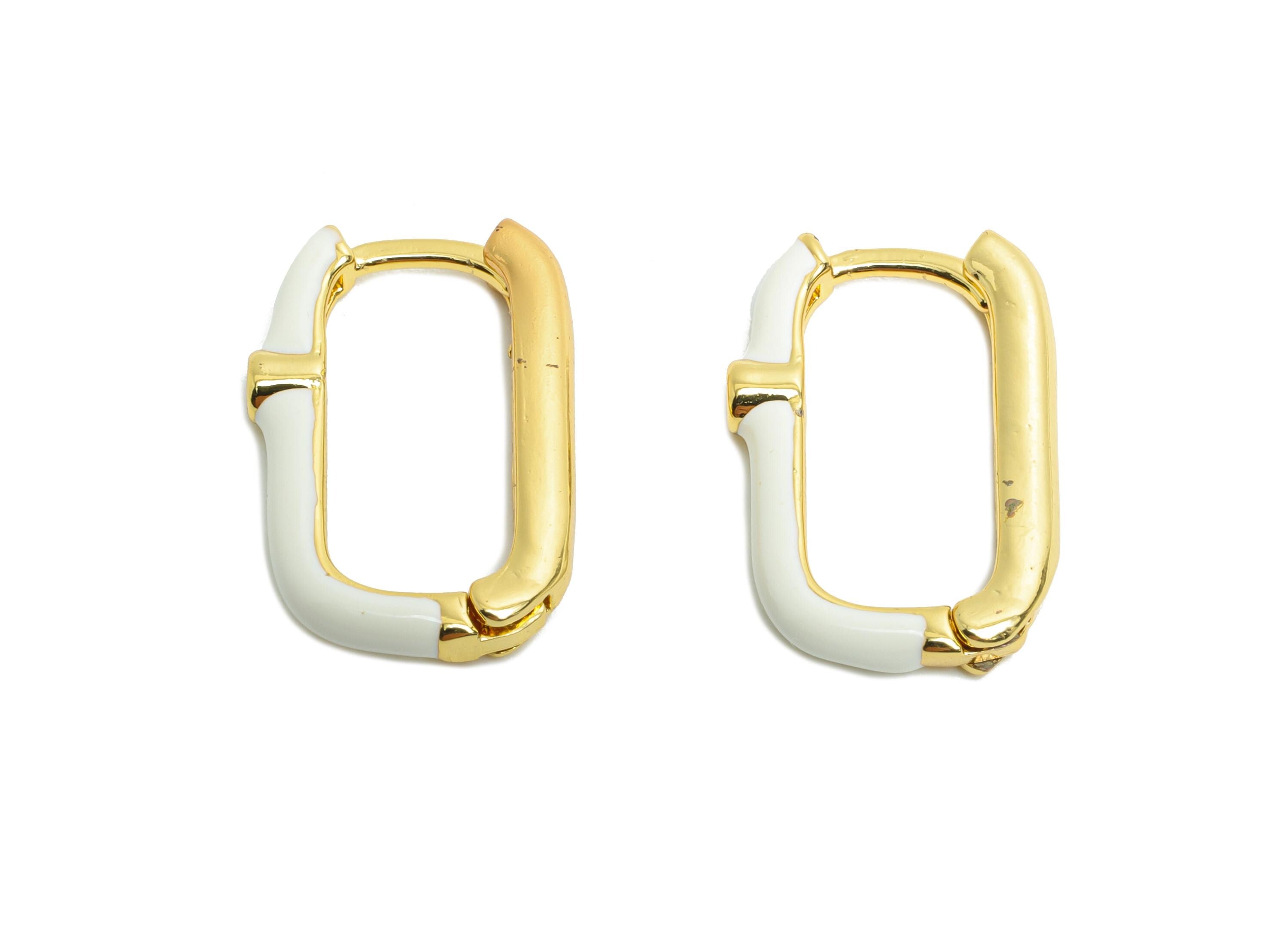 Brass U Shape Hoop Earring - White Enamel Zircon Earring - Minimalist Gold Oval Earring - 18K Real Gold Plated - 18.65x12.25x2.65mm -RGP9764 - DOMEDBAZAAR