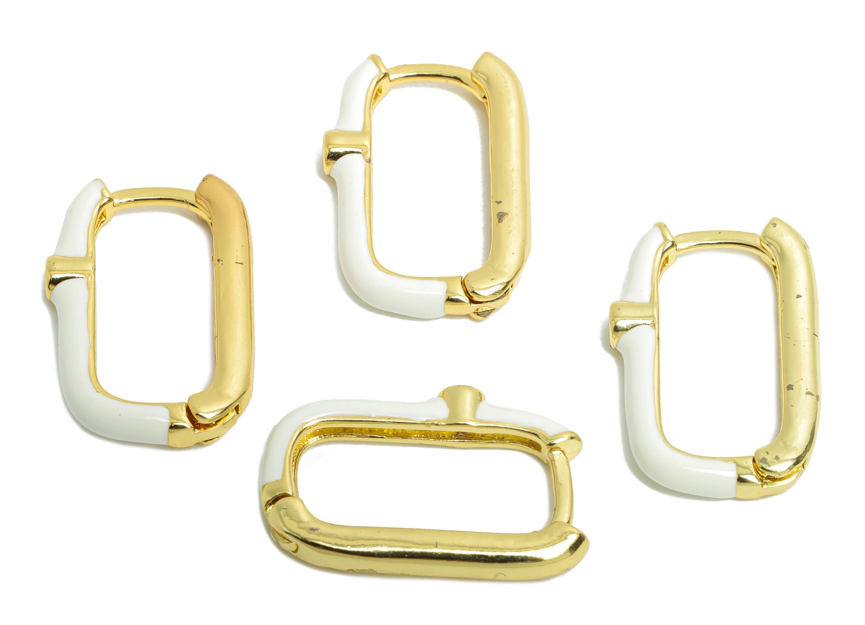 Brass U Shape Hoop Earring - White Enamel Zircon Earring - Minimalist Gold Oval Earring - 18K Real Gold Plated - 18.65x12.25x2.65mm -RGP9764 - DOMEDBAZAAR