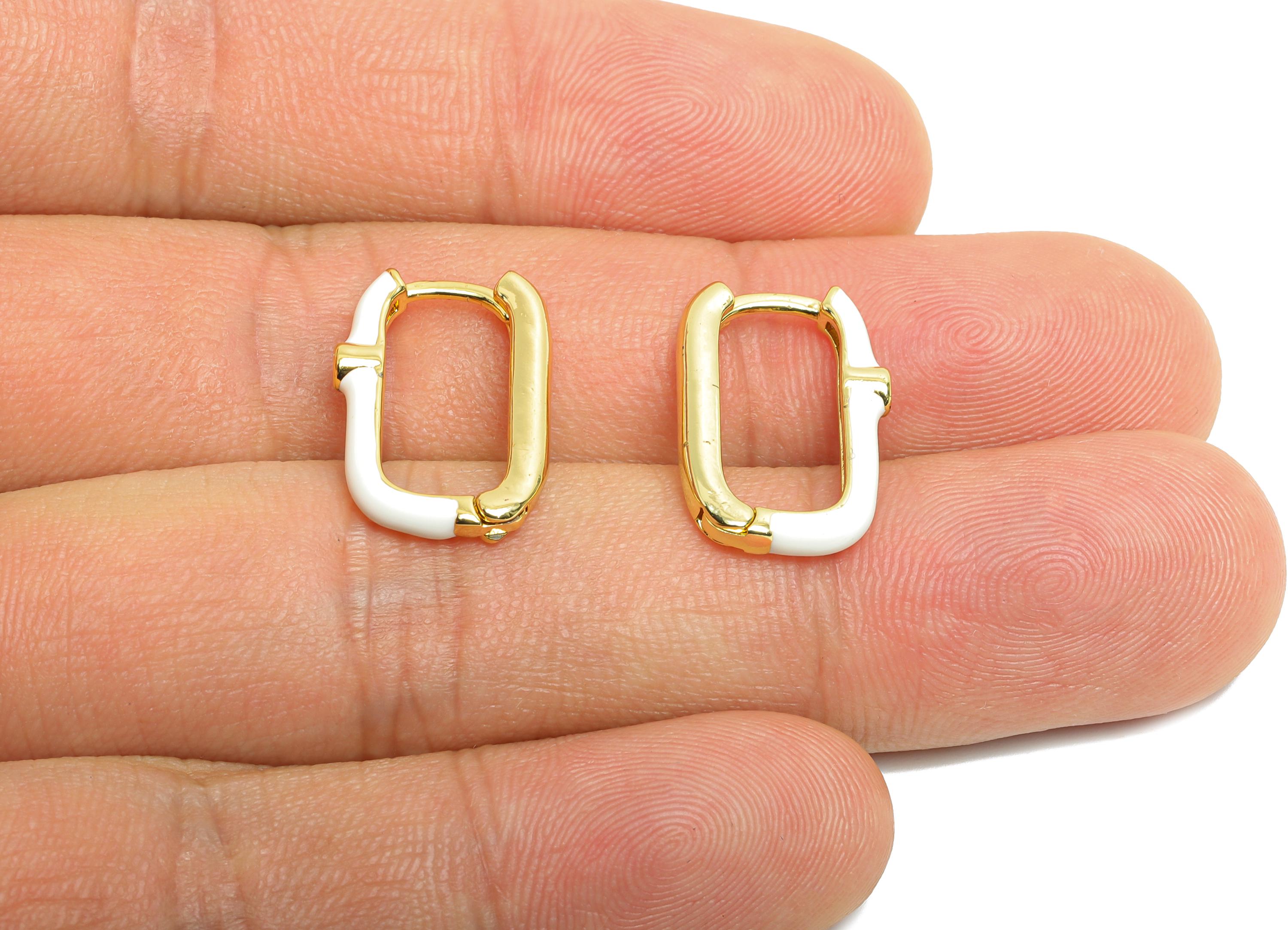 Brass U Shape Hoop Earring - White Enamel Zircon Earring - Minimalist Gold Oval Earring - 18K Real Gold Plated - 18.65x12.25x2.65mm -RGP9764 - DOMEDBAZAAR