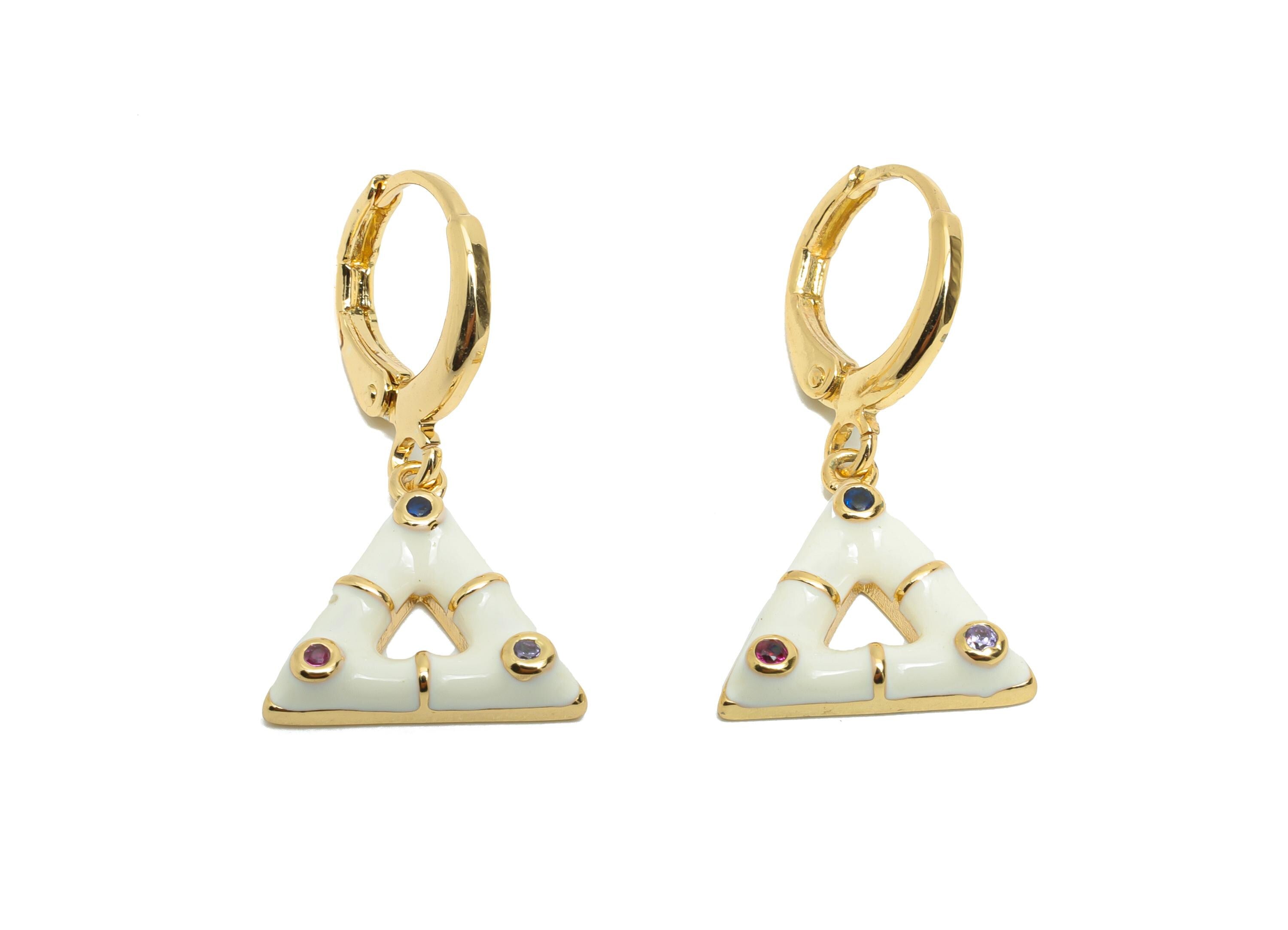 Dangle Hoop Lever back Earring - White Enamel Triangle Earring - Brass CZ Huggie Hoop Clasp - 18K Gold Plated - 27.11x14.38x3.55mm - RGP9800 - DOMEDBAZAAR