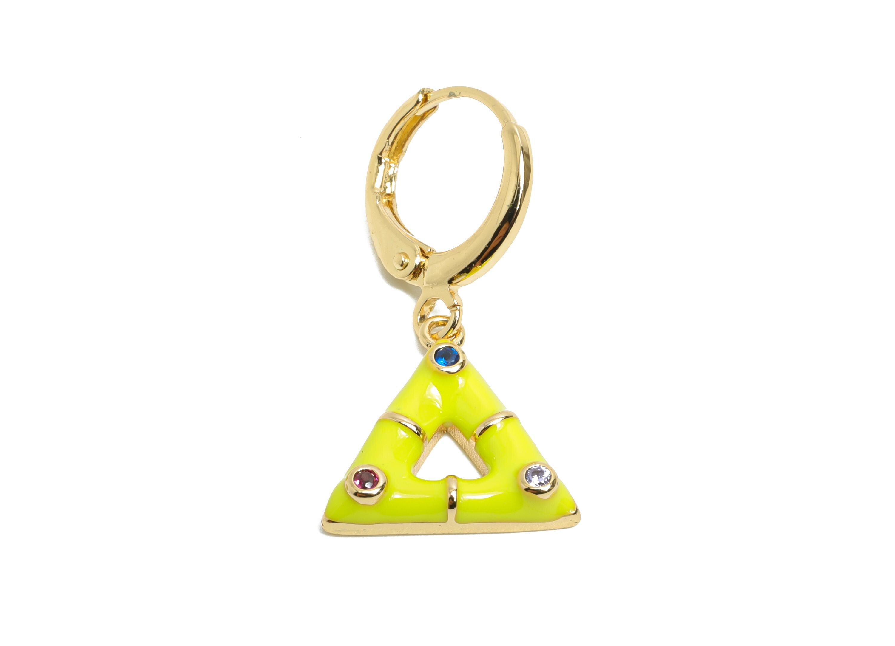 Dangle Hoop Lever back Earring - Yellow Enamel Triangle Earring - Brass CZ Huggie Hoop Clasp - 18K Gold Plated - 27.11x14.38x3.55mm -RGP9801 - DOMEDBAZAAR