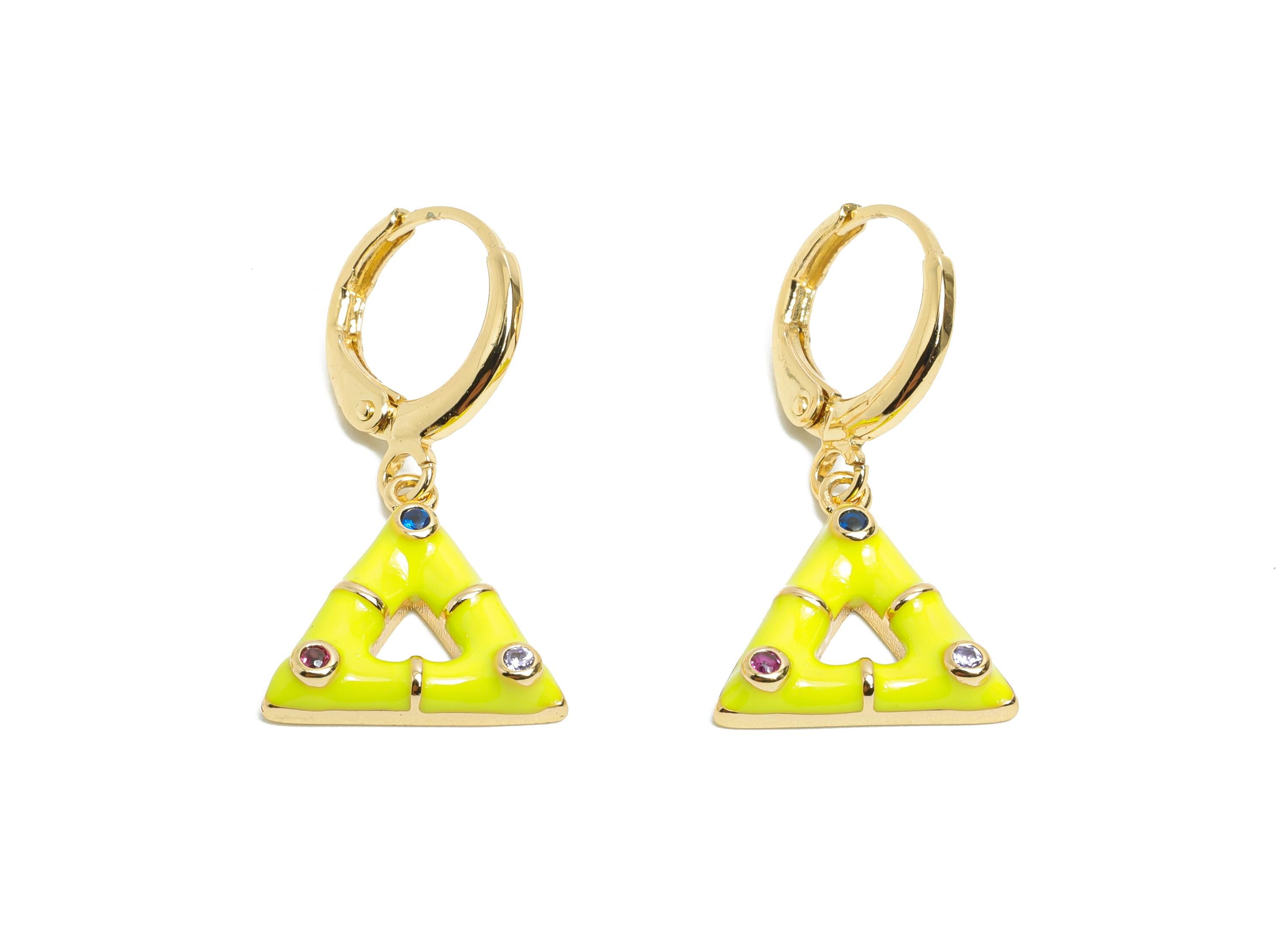 Dangle Hoop Lever back Earring - Yellow Enamel Triangle Earring - Brass CZ Huggie Hoop Clasp - 18K Gold Plated - 27.11x14.38x3.55mm -RGP9801 - DOMEDBAZAAR