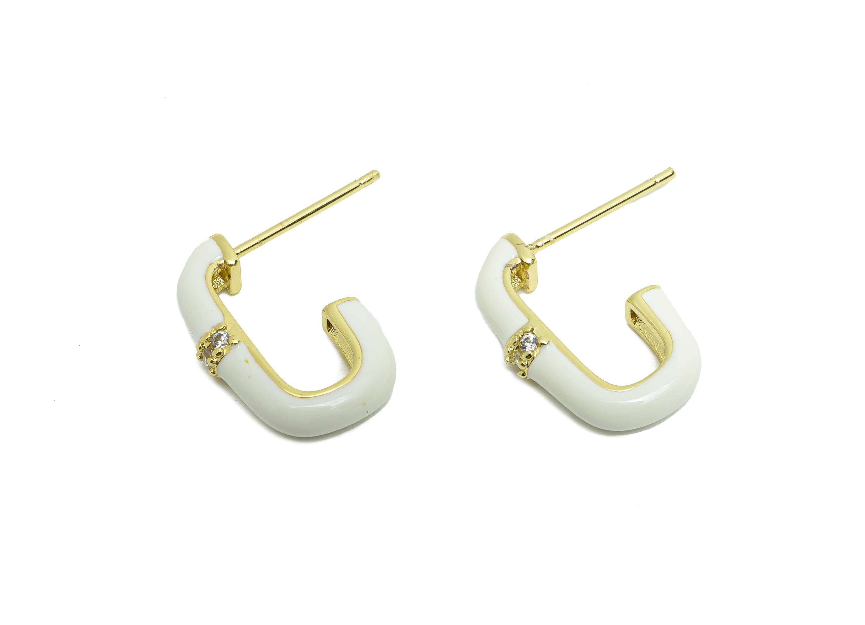 Brass Oval Rectangle Stud - White Enamel CZ Earrings Stud - Gold Minimalism Jewelry - 18K Real Gold Plating - 16.92x17.85x0.78mm - RGP9747 - DOMEDBAZAAR