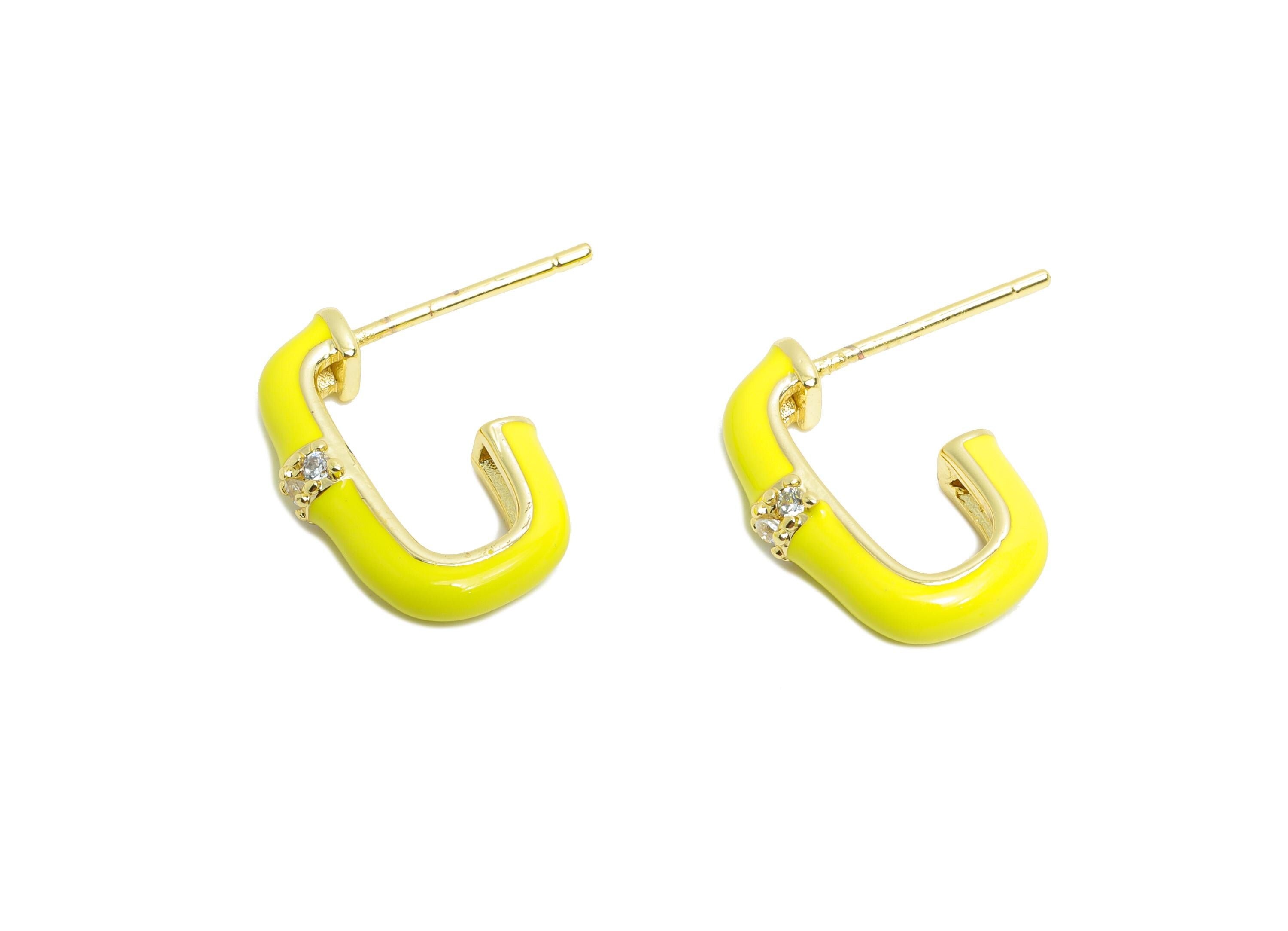 Brass Oval Rectangle Stud - Yellow Enamel CZ Earrings Stud - Gold Minimalism Jewelry - 18K Real Gold Plating - 16.92x17.85x0.78mm - RGP9748 - DOMEDBAZAAR