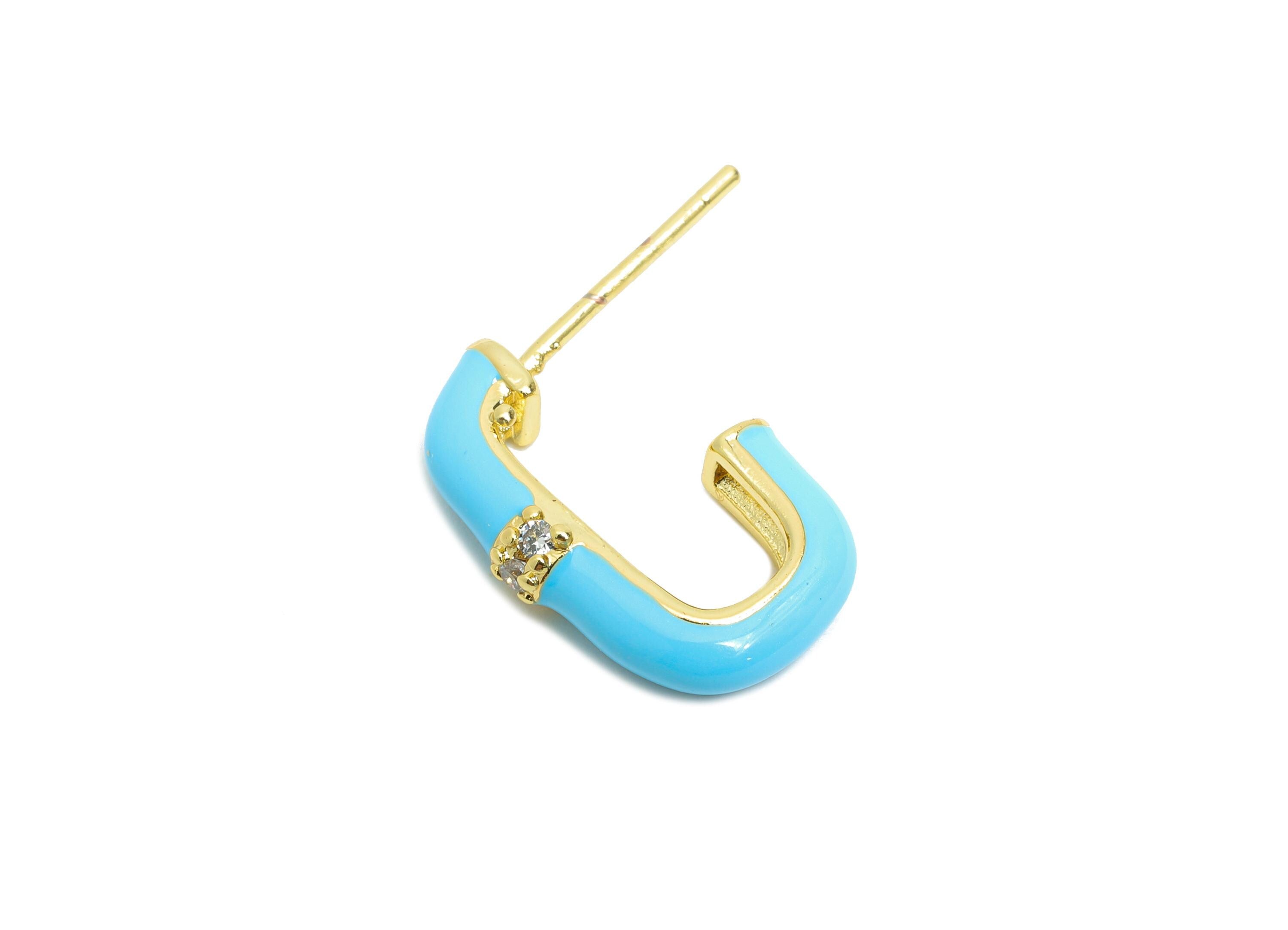 Brass Oval Rectangle Studs - Blue Enamel CZ Earrings Stud - Gold Minimalism Jewelry - 18K Real Gold Plating - 16.92x17.85x0.78mm - RGP9749 - DOMEDBAZAAR