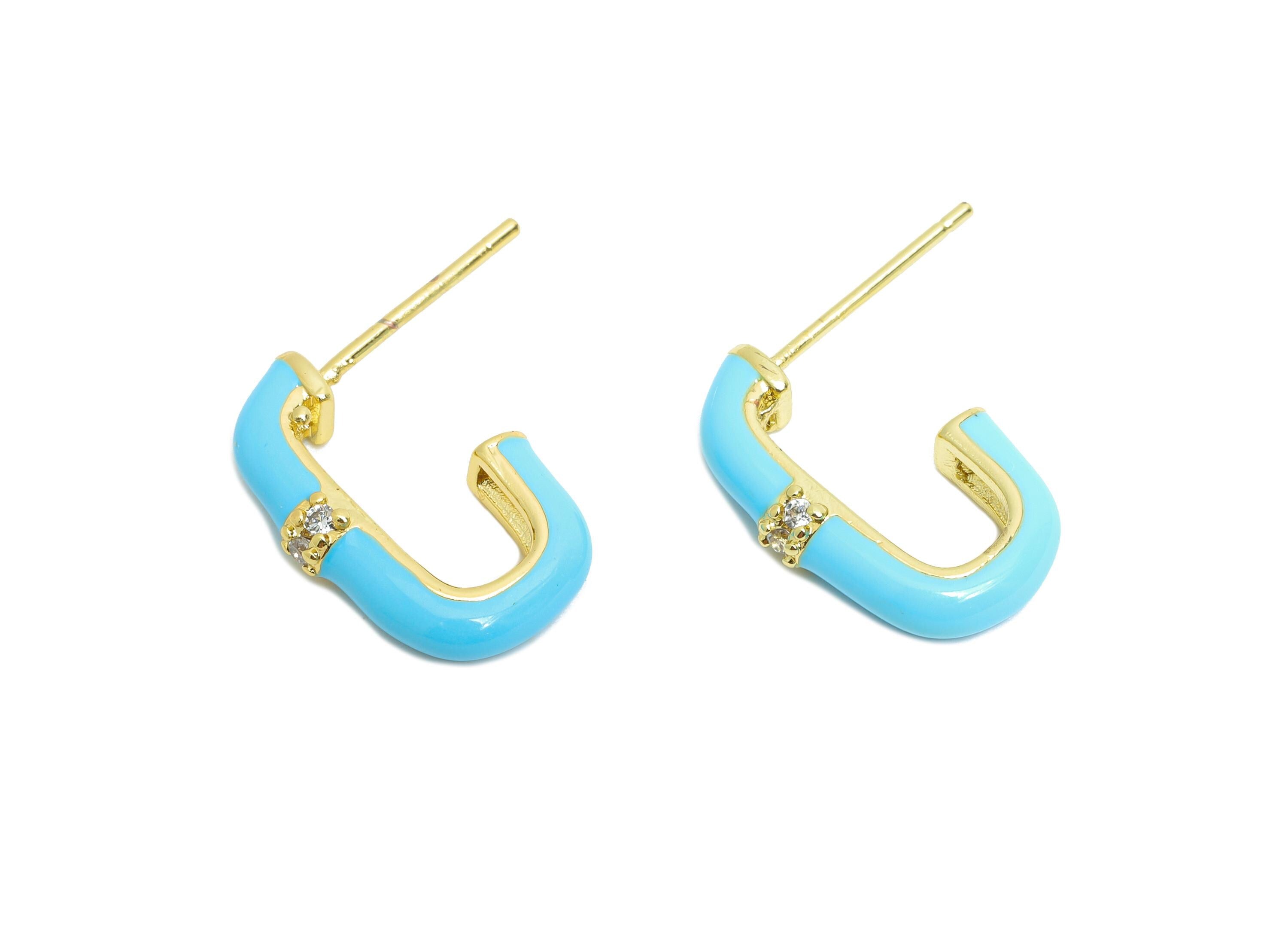 Brass Oval Rectangle Studs - Blue Enamel CZ Earrings Stud - Gold Minimalism Jewelry - 18K Real Gold Plating - 16.92x17.85x0.78mm - RGP9749 - DOMEDBAZAAR