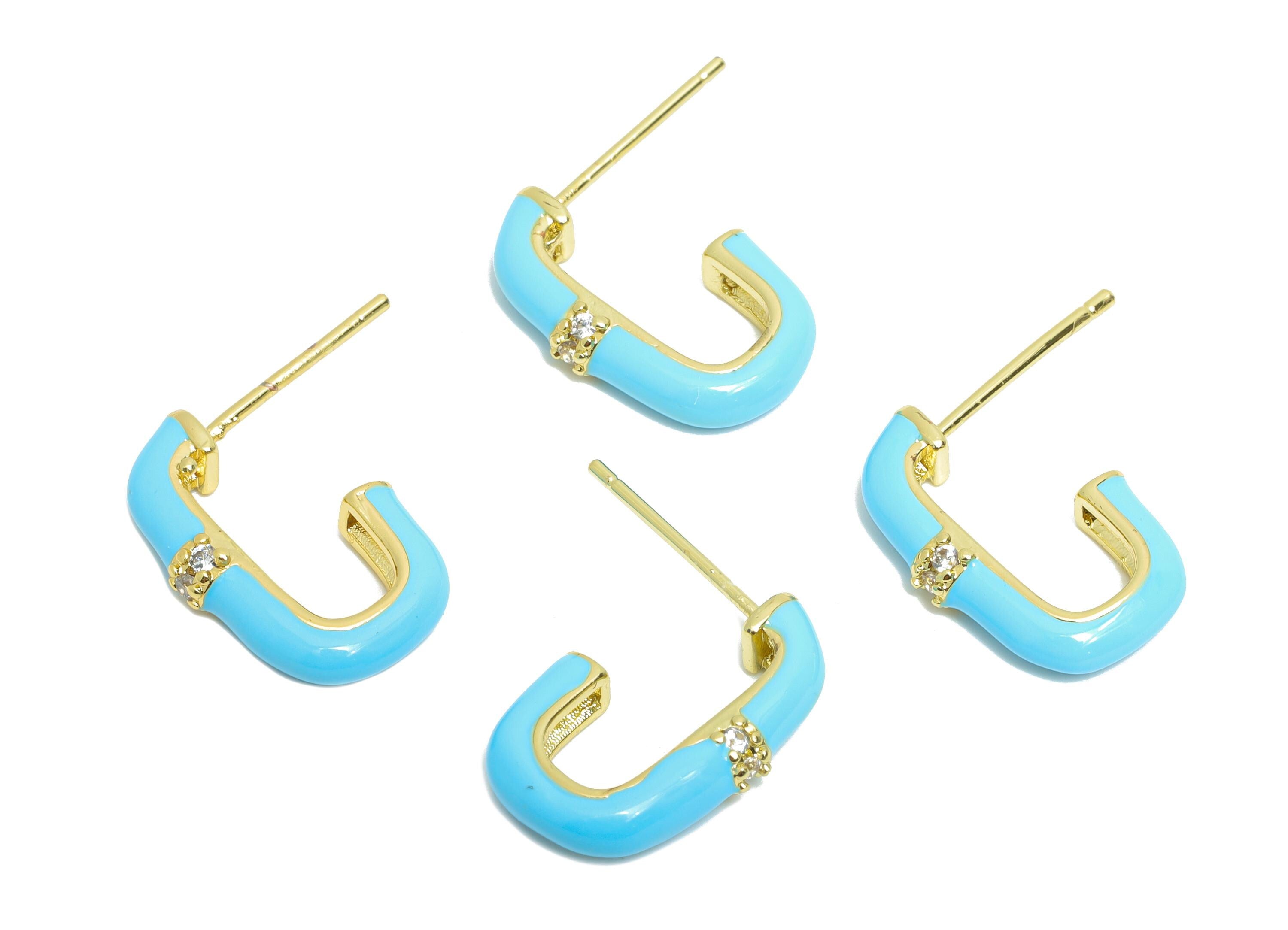 Brass Oval Rectangle Studs - Blue Enamel CZ Earrings Stud - Gold Minimalism Jewelry - 18K Real Gold Plating - 16.92x17.85x0.78mm - RGP9749 - DOMEDBAZAAR