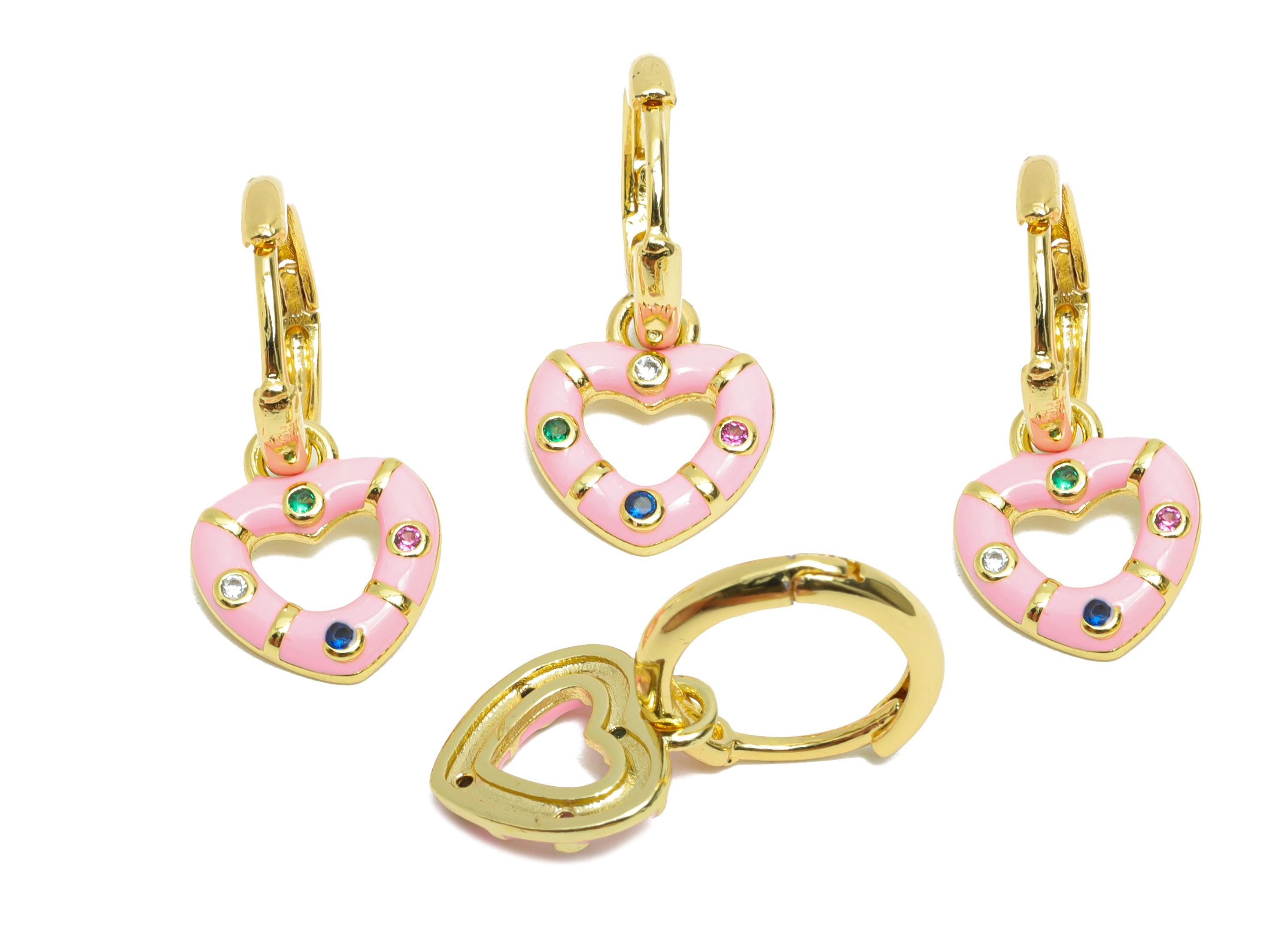Dangle Hoop Lever back Earring - Pink Enamel Heart Earring - Brass CZ Huggie Hoop Clasp - 18K Real Gold Plated - 23.76x11.54x2.01mm -RGP9816 - DOMEDBAZAAR
