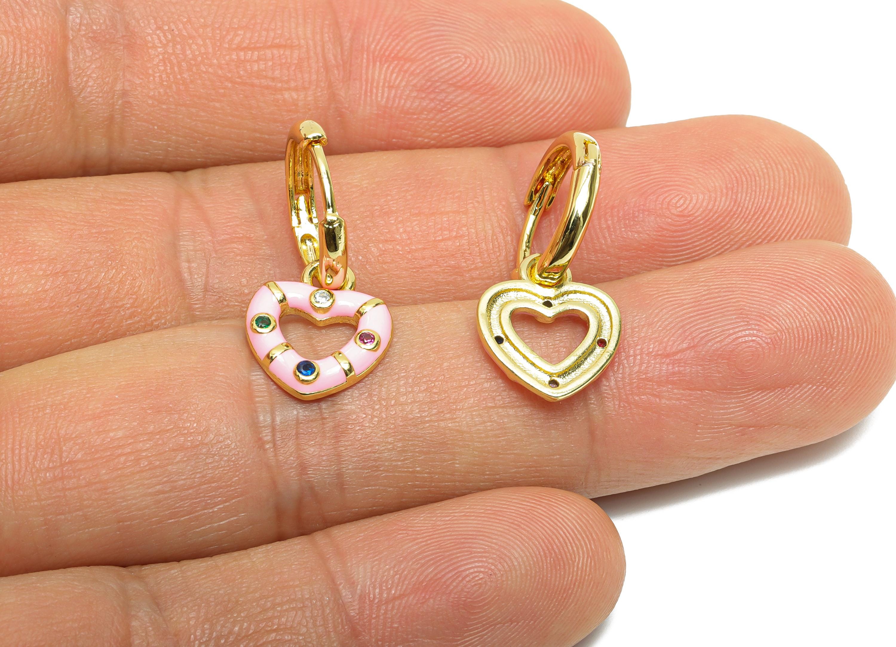 Dangle Hoop Lever back Earring - Pink Enamel Heart Earring - Brass CZ Huggie Hoop Clasp - 18K Real Gold Plated - 23.76x11.54x2.01mm -RGP9816 - DOMEDBAZAAR