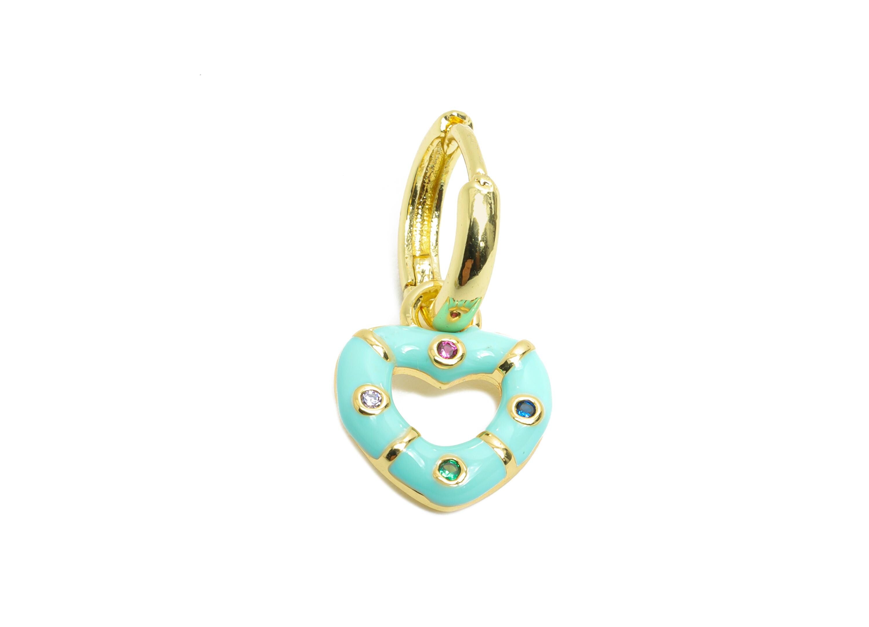 Dangle Hoop Lever back Earring - Blue Enamel Heart Earring - Brass CZ Huggie Hoop Clasp - 18K Real Gold Plated - 23.76x11.54x2.01mm -RGP9817 - DOMEDBAZAAR