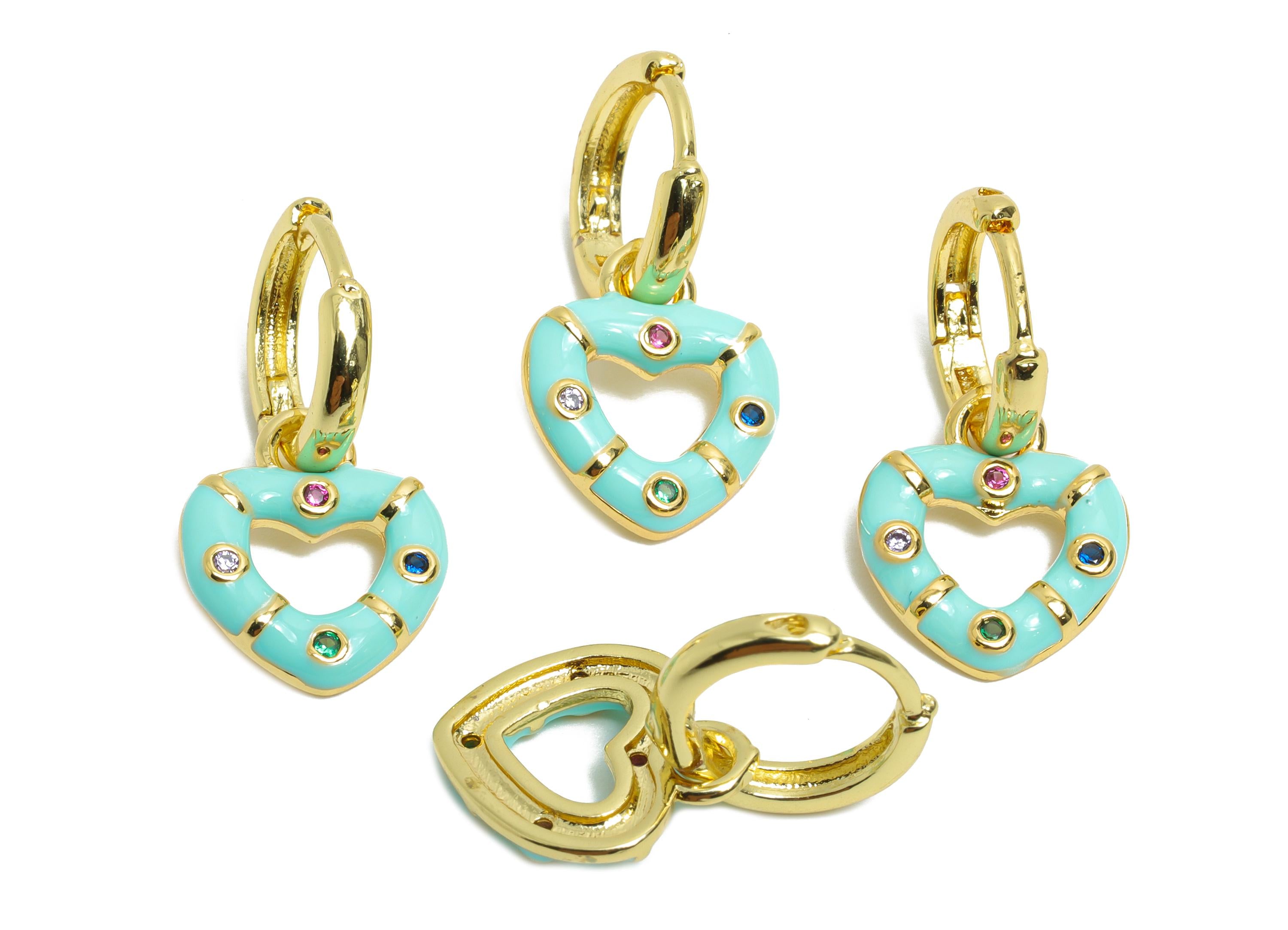 Dangle Hoop Lever back Earring - Blue Enamel Heart Earring - Brass CZ Huggie Hoop Clasp - 18K Real Gold Plated - 23.76x11.54x2.01mm -RGP9817 - DOMEDBAZAAR