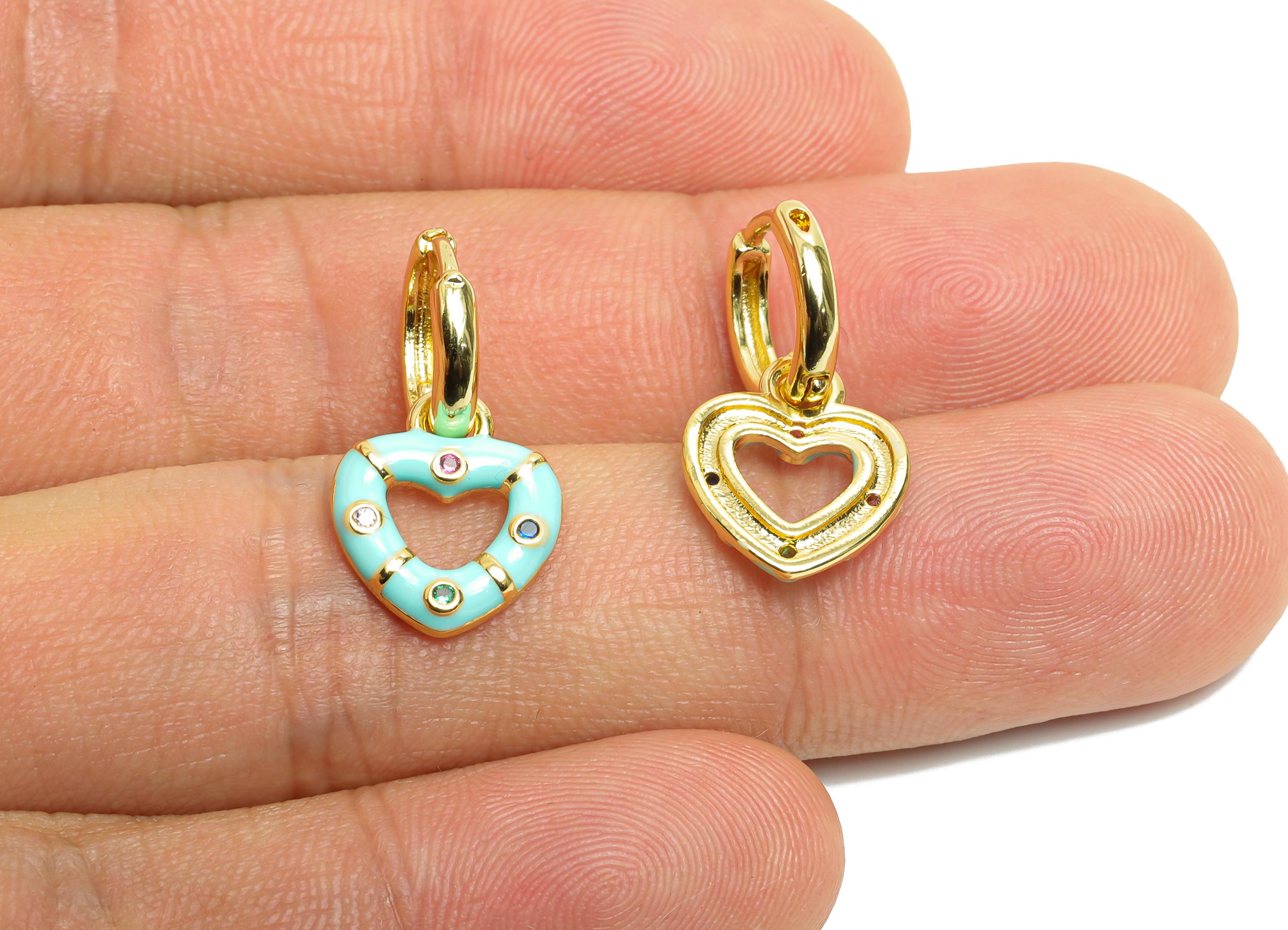 Dangle Hoop Lever back Earring - Blue Enamel Heart Earring - Brass CZ Huggie Hoop Clasp - 18K Real Gold Plated - 23.76x11.54x2.01mm -RGP9817 - DOMEDBAZAAR