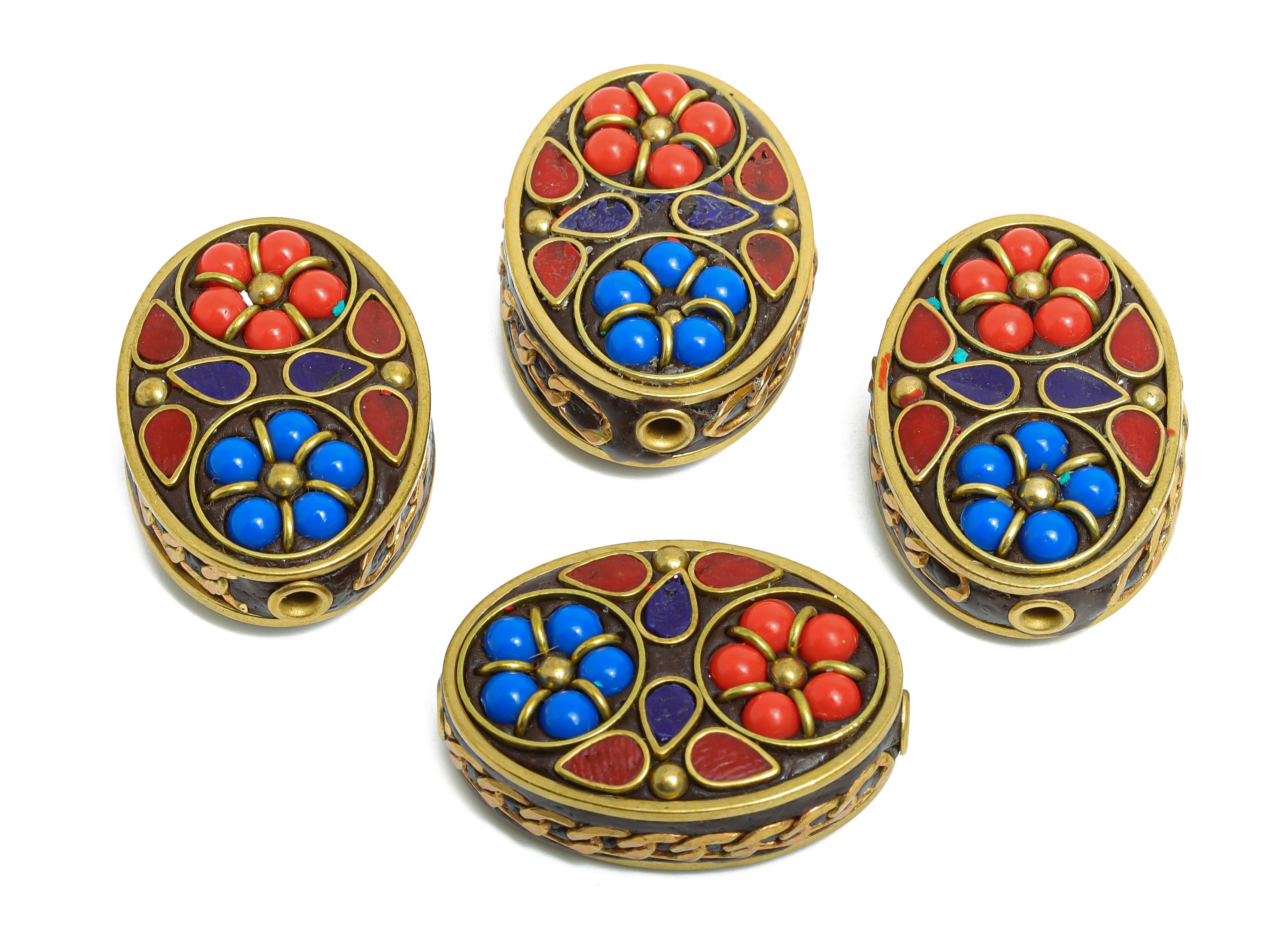 Bohemian Handmade Bead - Nepalese/Tibetan Traditional Ornament  - Brass Oval Accessory DIY Bead - Bracelet Bead - 29.8x21.3x11.9mm - RGP9862 - DOMEDBAZAAR