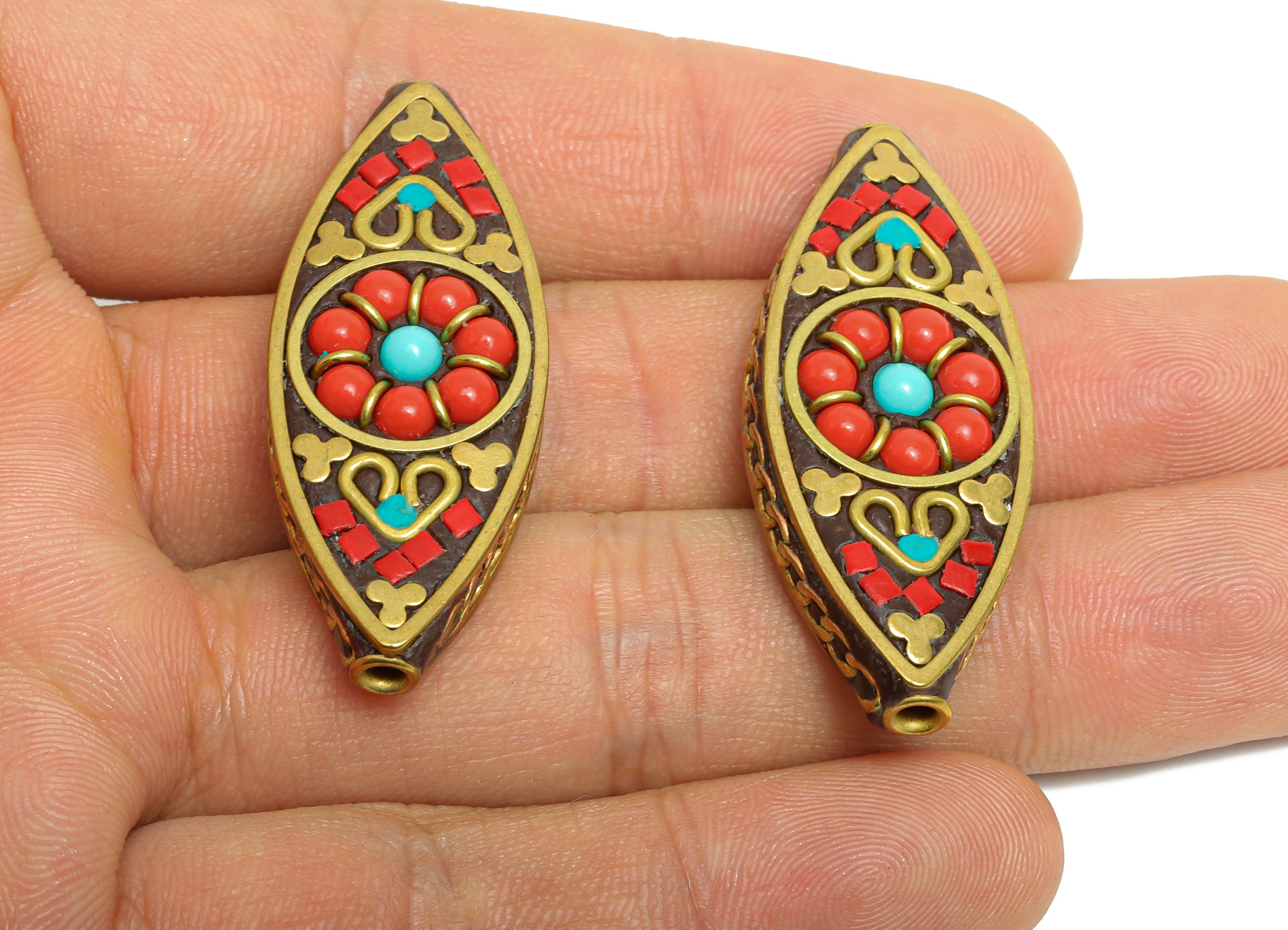 Brass Ethnic Handmade Bead - Nepalese/Tibetan Traditional Ornament  - Bohemian Marquise Bracelet Bead - Cultural Craft - 43x17x8mm - RGP9864 - DOMEDBAZAAR