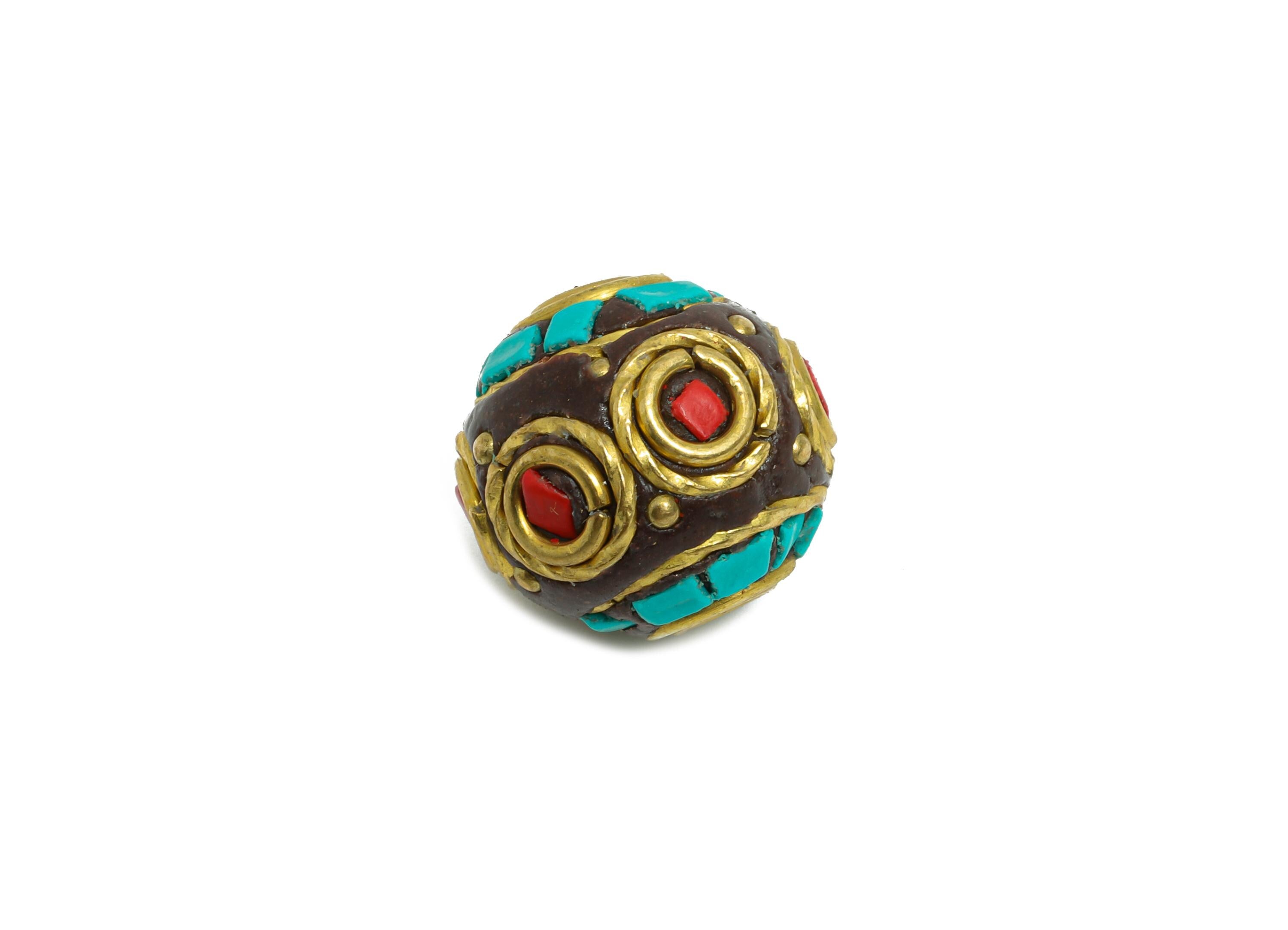 Brass Colorful Bohemian Beads - Nepalese/Tibetan Round Bracelet Bead  - Ball Handmade Bead - Artisan Craft Bead - 15x14x15mm - RGP9872 - DOMEDBAZAAR