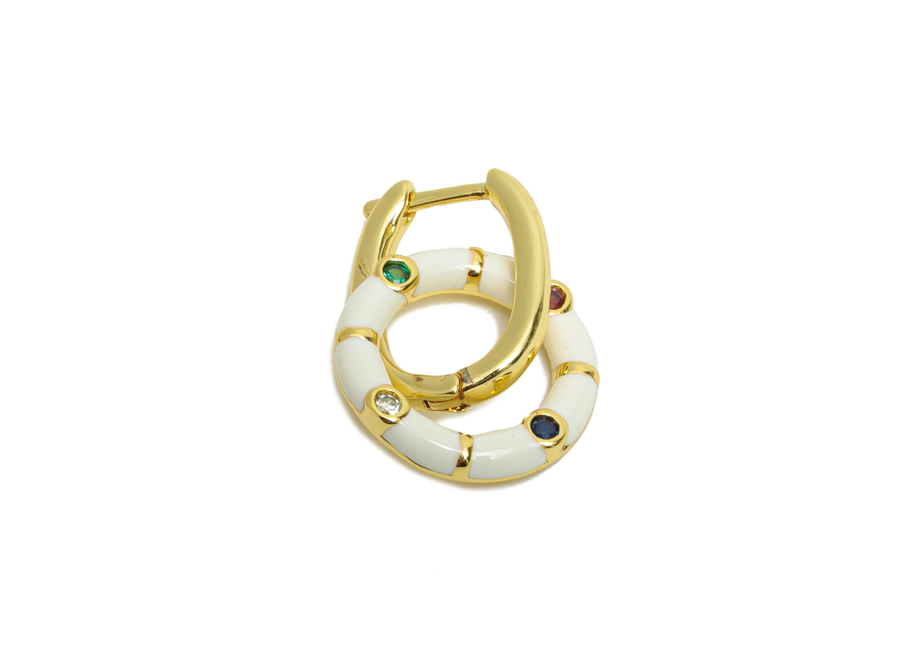 Dangle U Hoop Clasp Earring - White Enamel Donut Earring - Brass CZ English Lock Hoop Clasp - 18K Gold Plated -22.43x13.31x2.19mm -RGP9773 - DOMEDBAZAAR