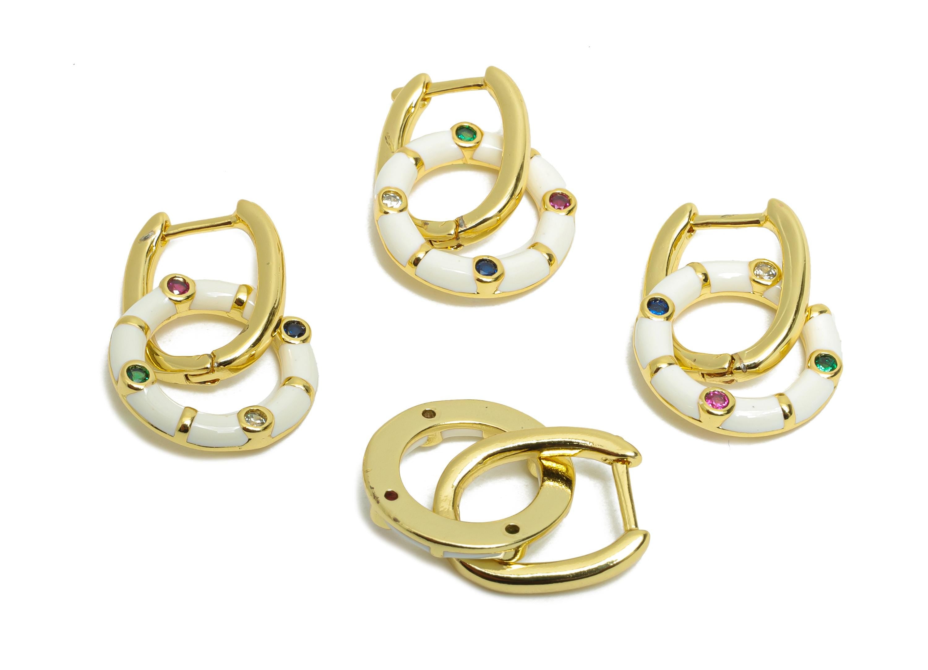 Dangle U Hoop Clasp Earring - White Enamel Donut Earring - Brass CZ English Lock Hoop Clasp - 18K Gold Plated -22.43x13.31x2.19mm -RGP9773 - DOMEDBAZAAR