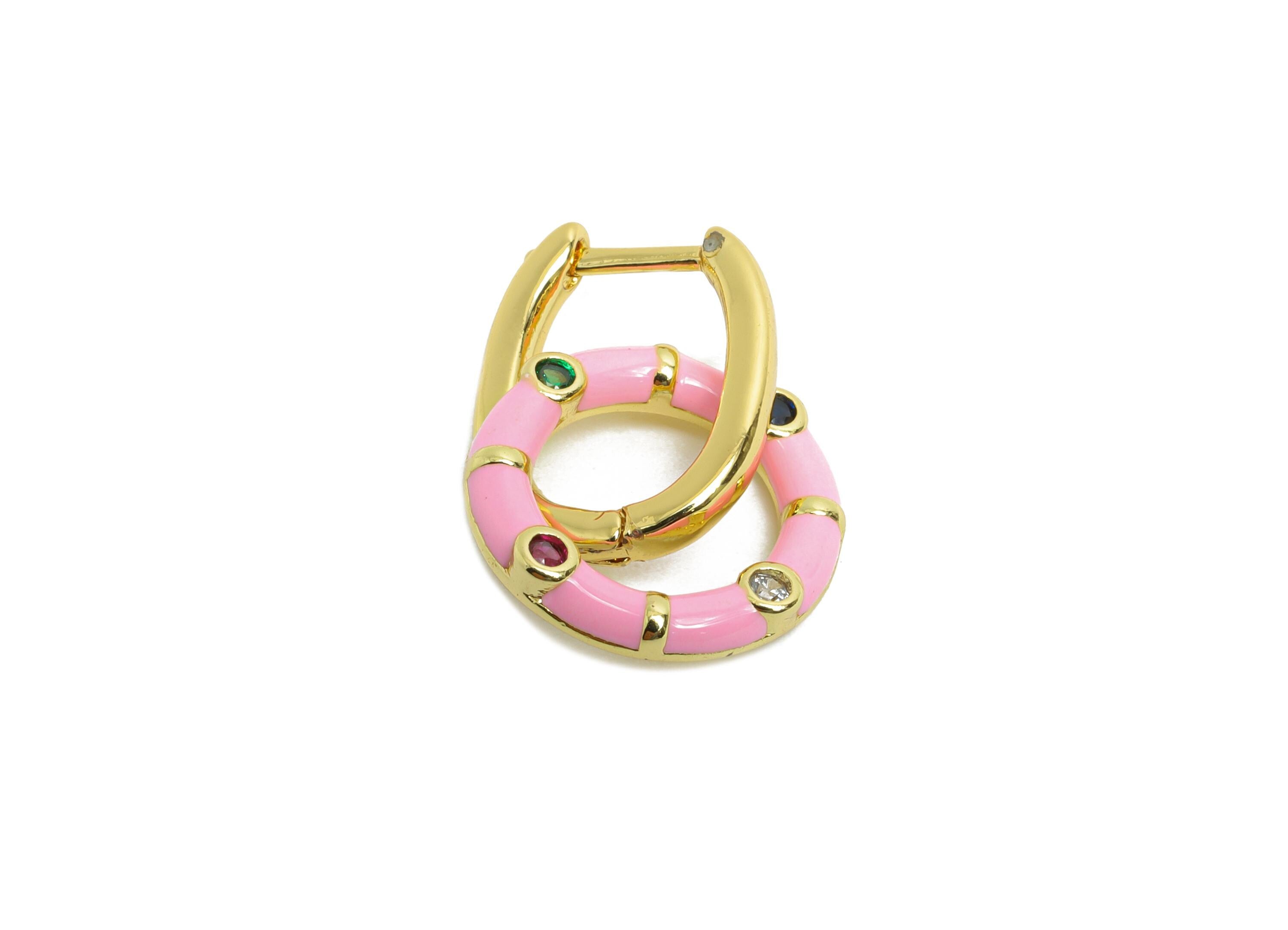 Dangle U Hoop Clasp Earring - Pink Enamel Donut Earring - Brass CZ English Lock Hoop Clasp - 18K Gold Plated - 22.43x13.31x2.19mm - RGP9774 - DOMEDBAZAAR