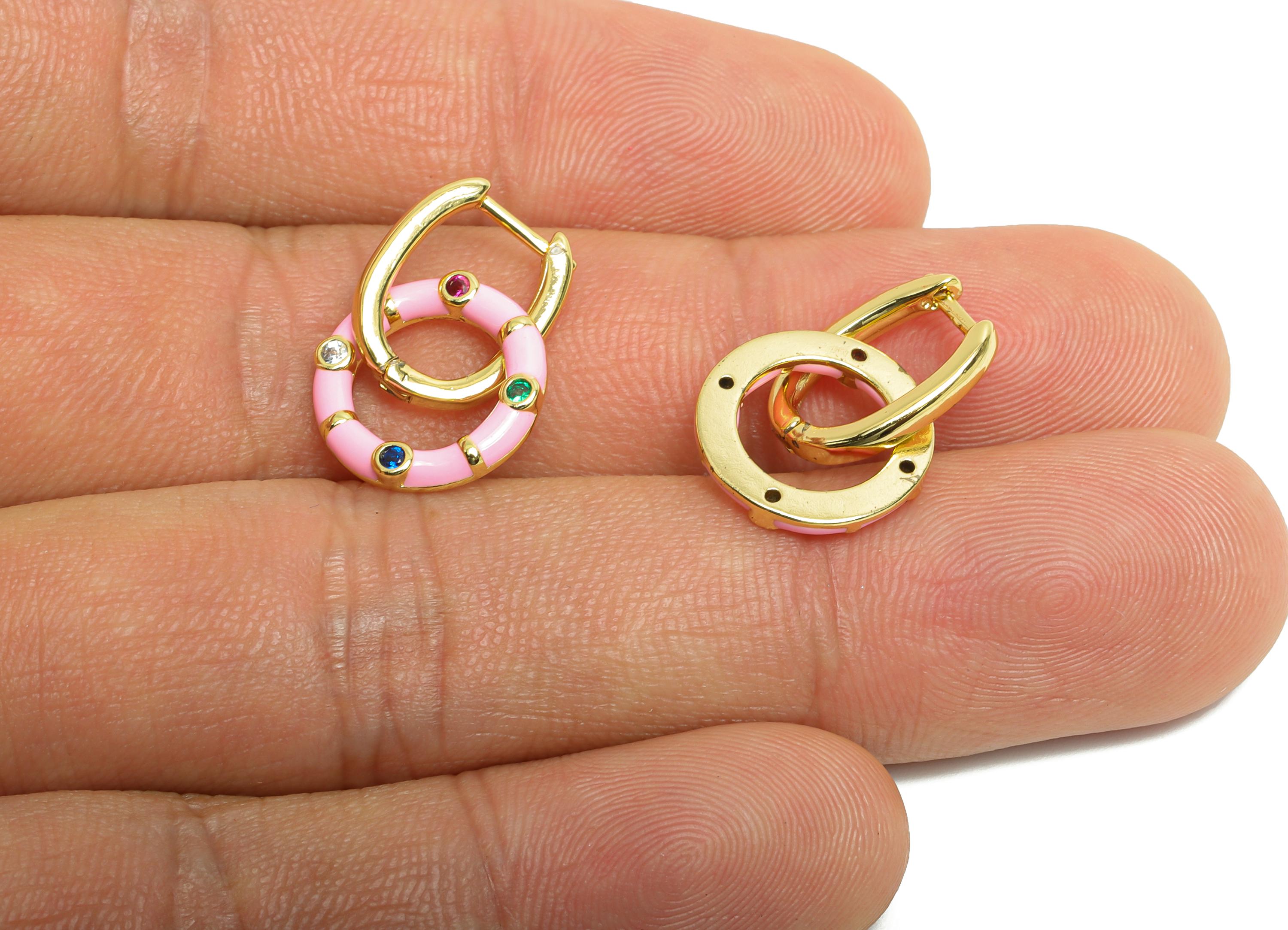 Dangle U Hoop Clasp Earring - Pink Enamel Donut Earring - Brass CZ English Lock Hoop Clasp - 18K Gold Plated - 22.43x13.31x2.19mm - RGP9774 - DOMEDBAZAAR