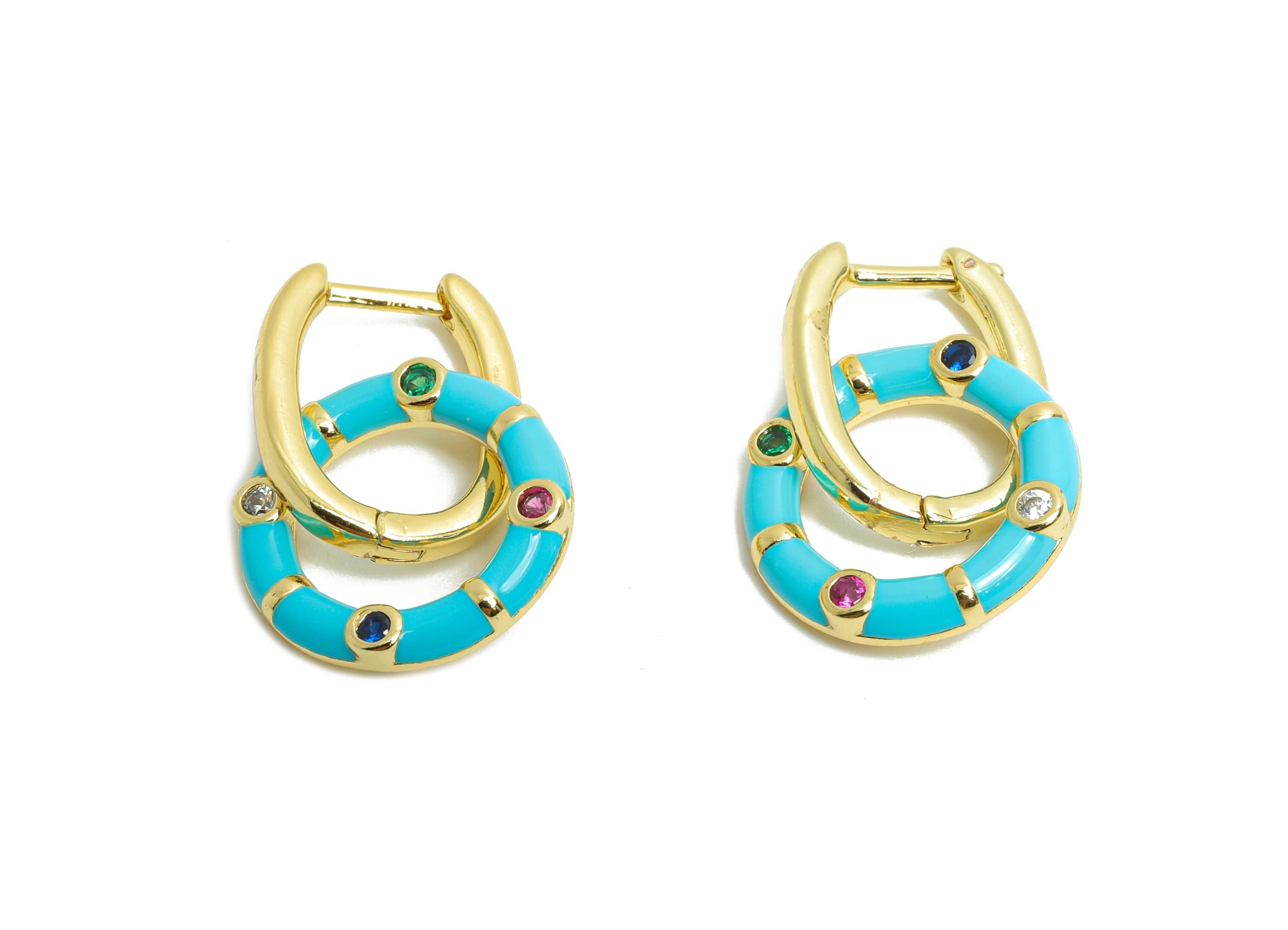 Dangle U Hoop Clasp Earring - Blue Enamel Donut Earring - Brass CZ English Lock Hoop Clasp - 18K Gold Plated - 22.43x13.31x2.19mm - RGP9775 - DOMEDBAZAAR
