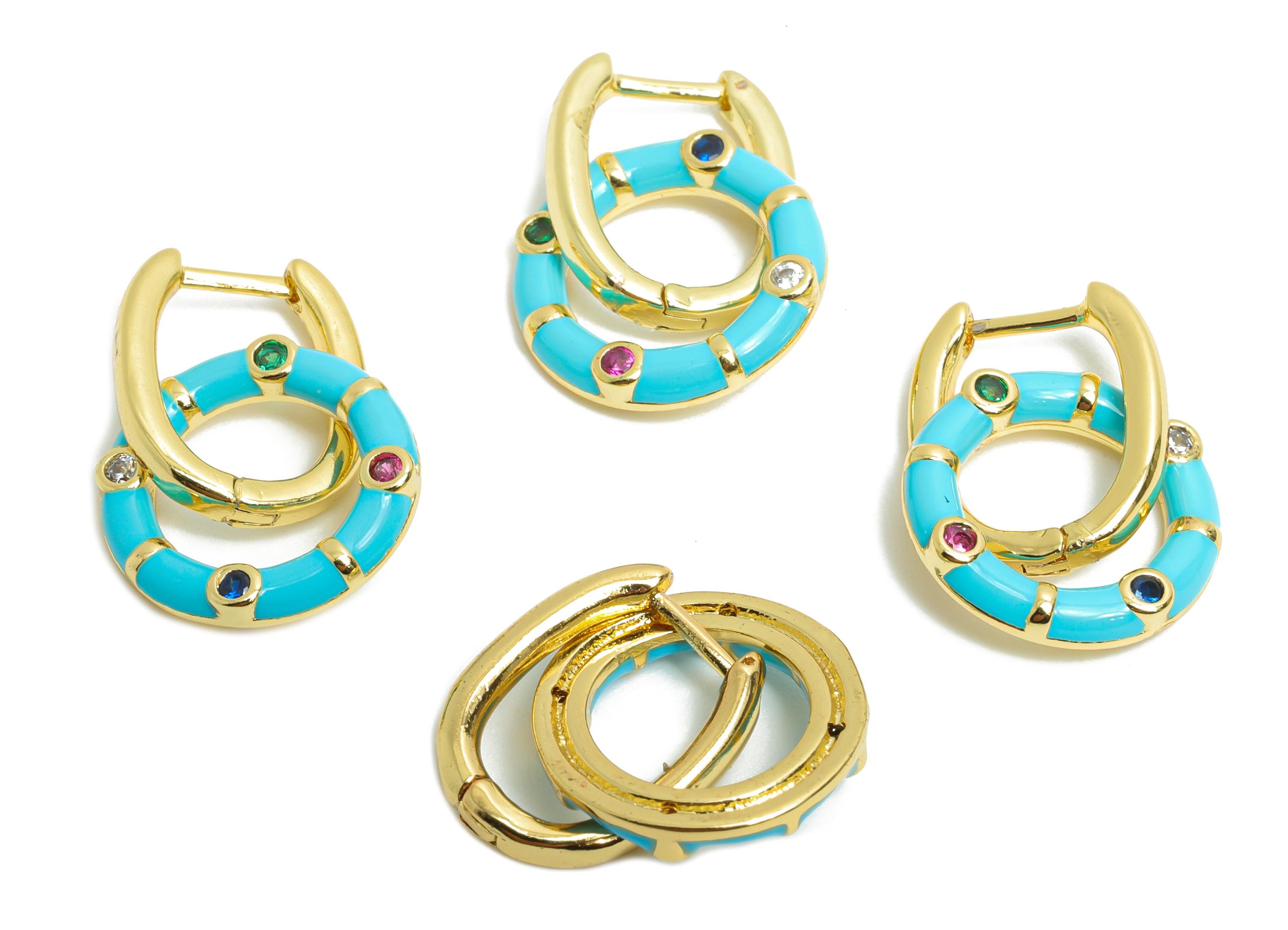 Dangle U Hoop Clasp Earring - Blue Enamel Donut Earring - Brass CZ English Lock Hoop Clasp - 18K Gold Plated - 22.43x13.31x2.19mm - RGP9775 - DOMEDBAZAAR