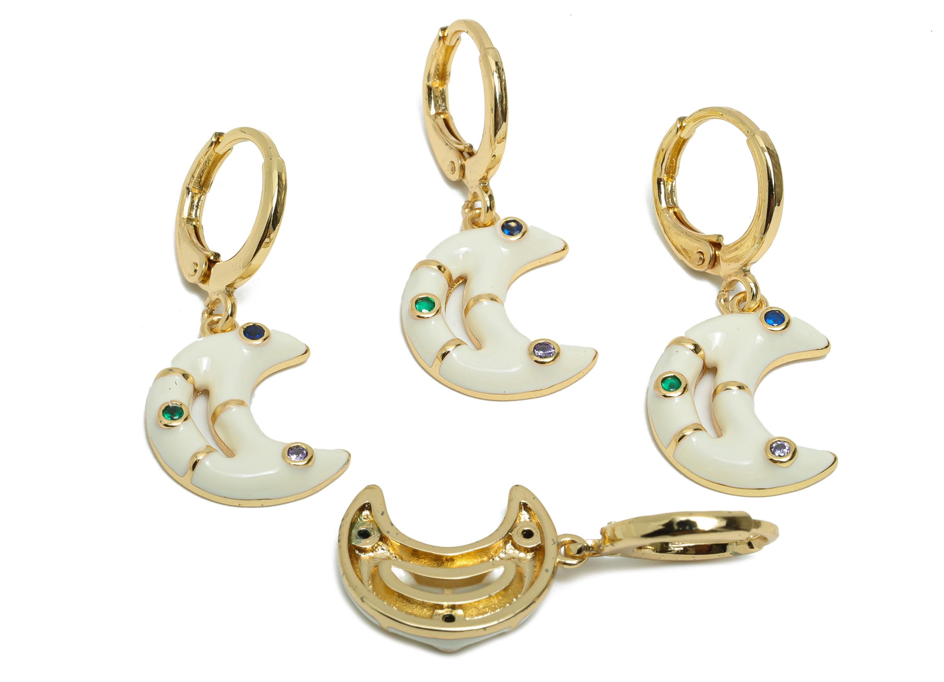 Dangle Hoop Lever back Earring - White Enamel Crescent Earring - Brass CZ Huggie Hoop Clasp - 18K Real Gold Plated -30.03x12.70x3mm -RGP9806 - DOMEDBAZAAR