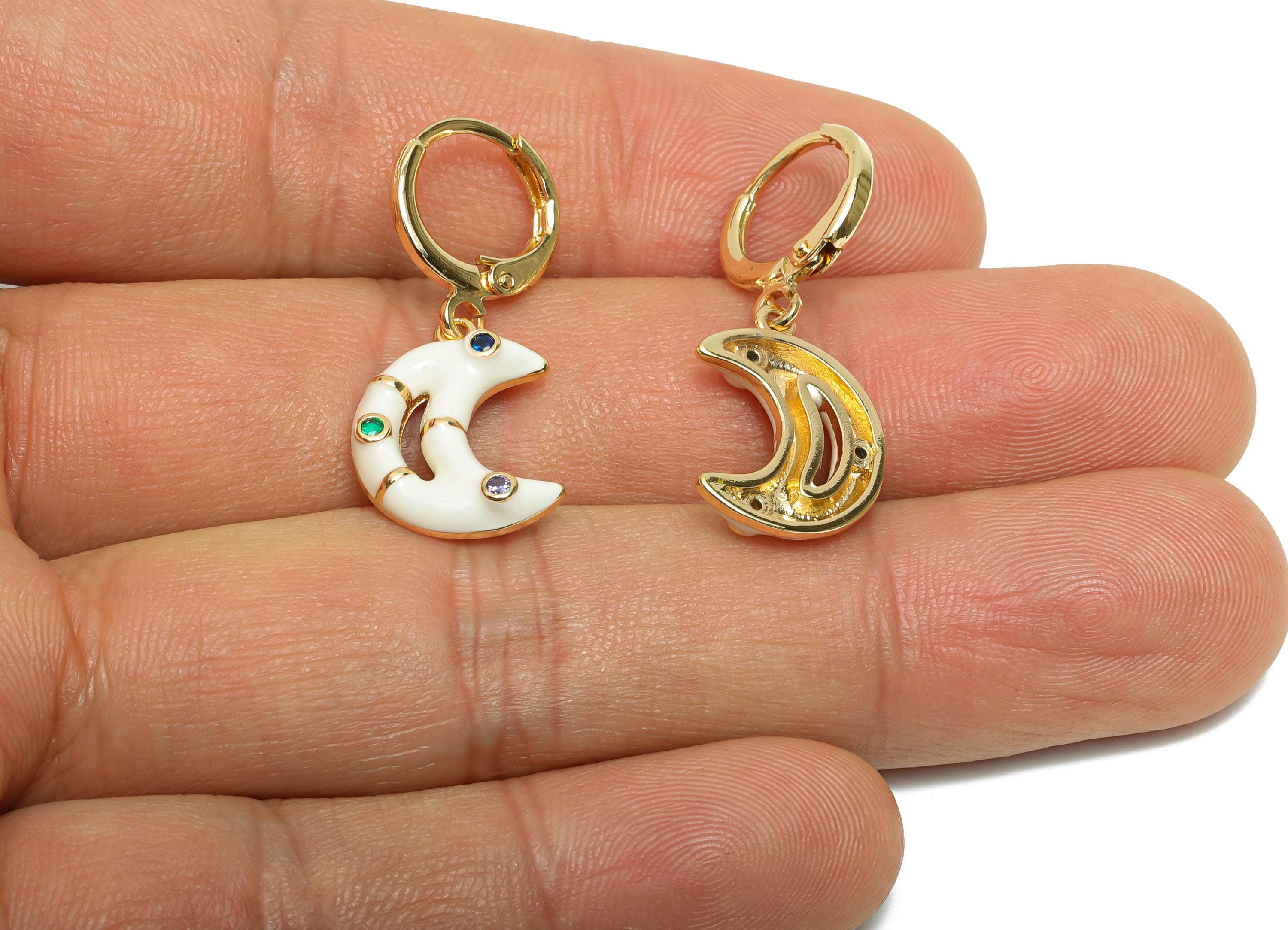 Dangle Hoop Lever back Earring - White Enamel Crescent Earring - Brass CZ Huggie Hoop Clasp - 18K Real Gold Plated -30.03x12.70x3mm -RGP9806 - DOMEDBAZAAR