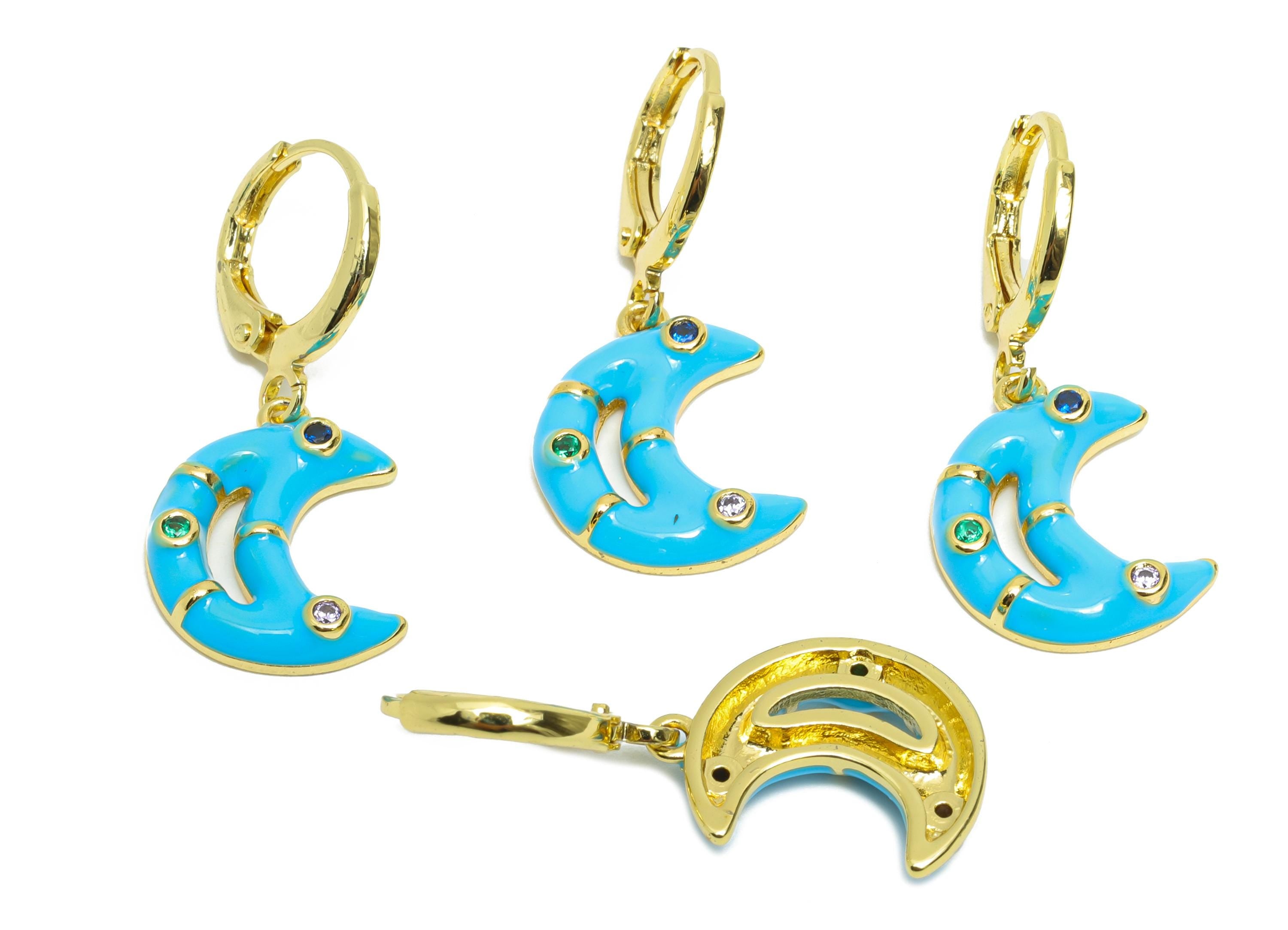 Dangle Hoop Lever back Earrings - Blue Enamel Crescent Earring - Brass CZ Huggie Hoop Clasp - 18K Real Gold Plated -30.03x12.70x3mm -RGP9808 - DOMEDBAZAAR