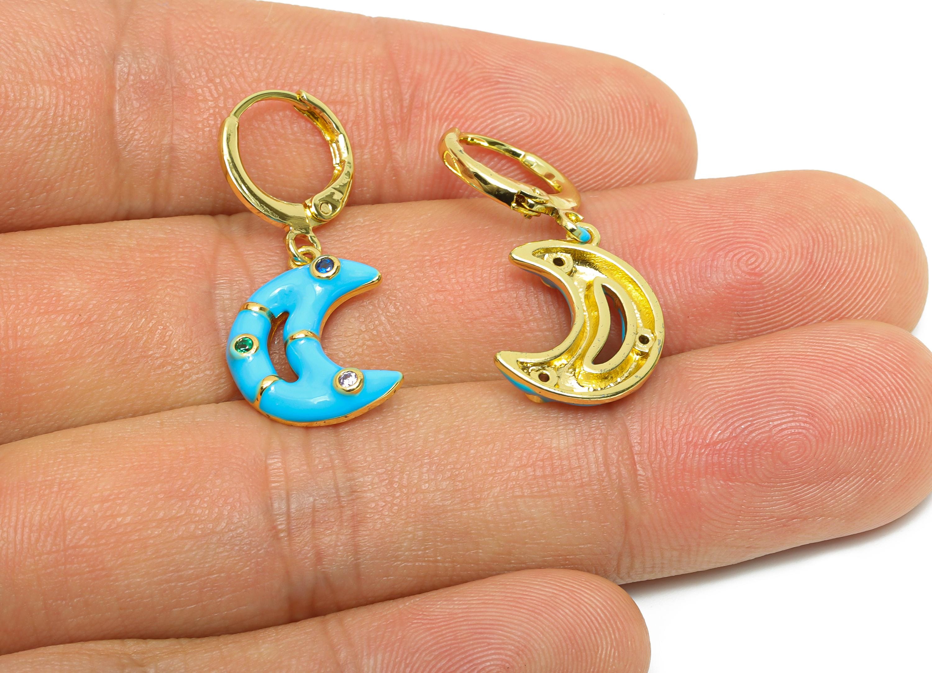 Dangle Hoop Lever back Earrings - Blue Enamel Crescent Earring - Brass CZ Huggie Hoop Clasp - 18K Real Gold Plated -30.03x12.70x3mm -RGP9808 - DOMEDBAZAAR