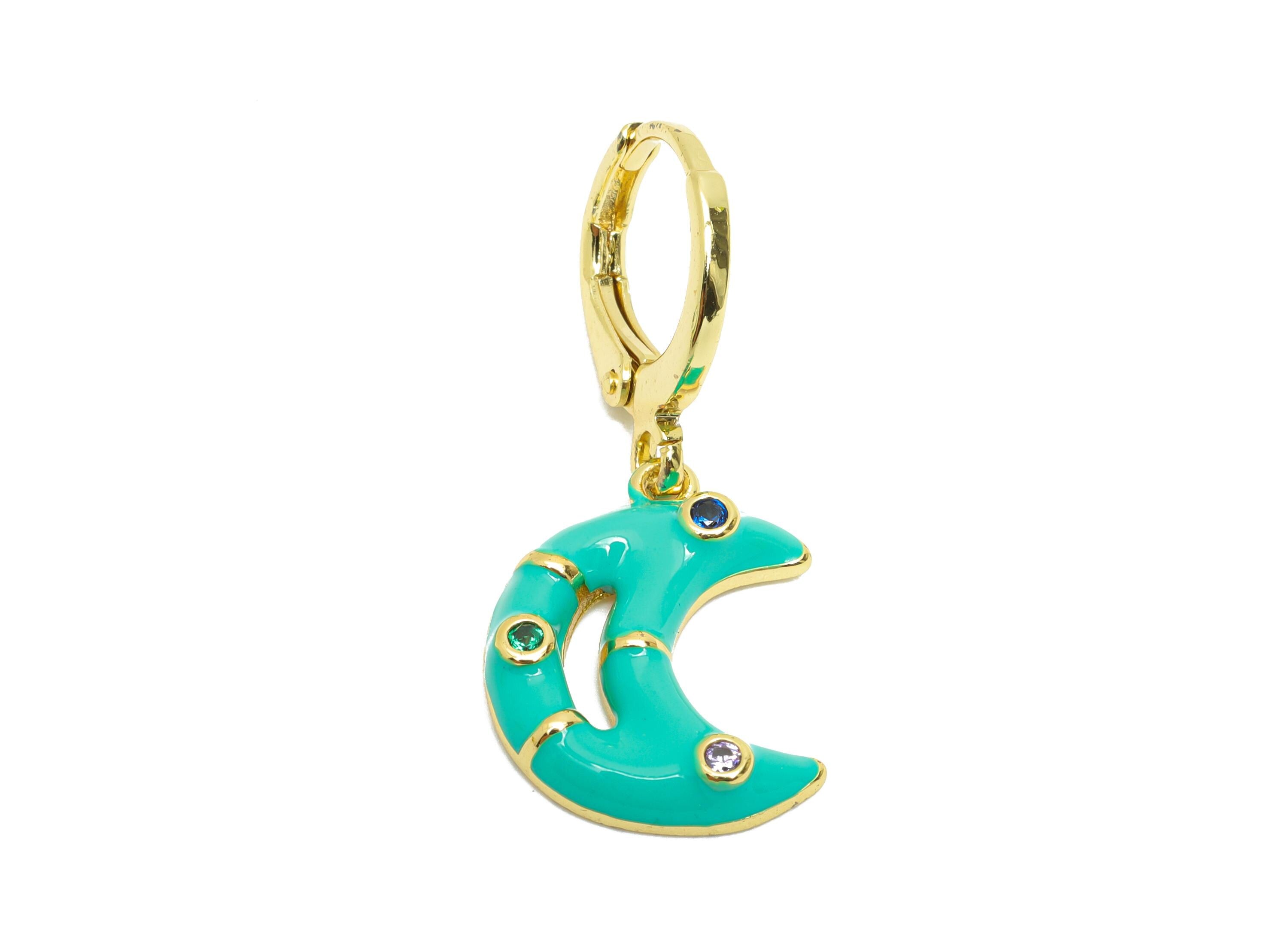 Dangle Hoop Lever back Earrings - Green Enamel Crescent Earring - Brass CZ Huggie Hoop Clasp - 18K Real Gold Plated -30.03x12.70x3mm-RGP9809 - DOMEDBAZAAR