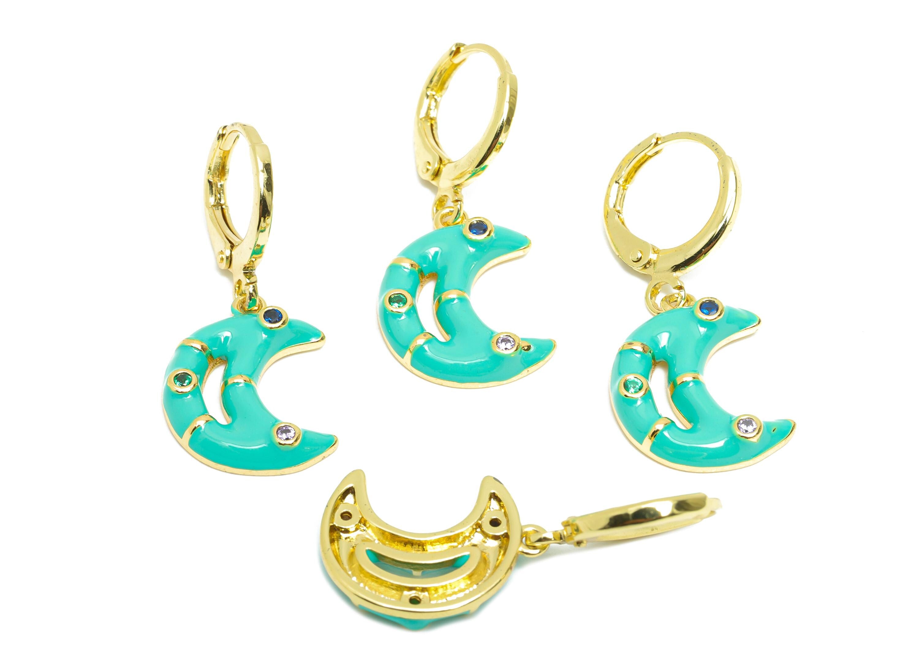 Dangle Hoop Lever back Earrings - Green Enamel Crescent Earring - Brass CZ Huggie Hoop Clasp - 18K Real Gold Plated -30.03x12.70x3mm-RGP9809 - DOMEDBAZAAR