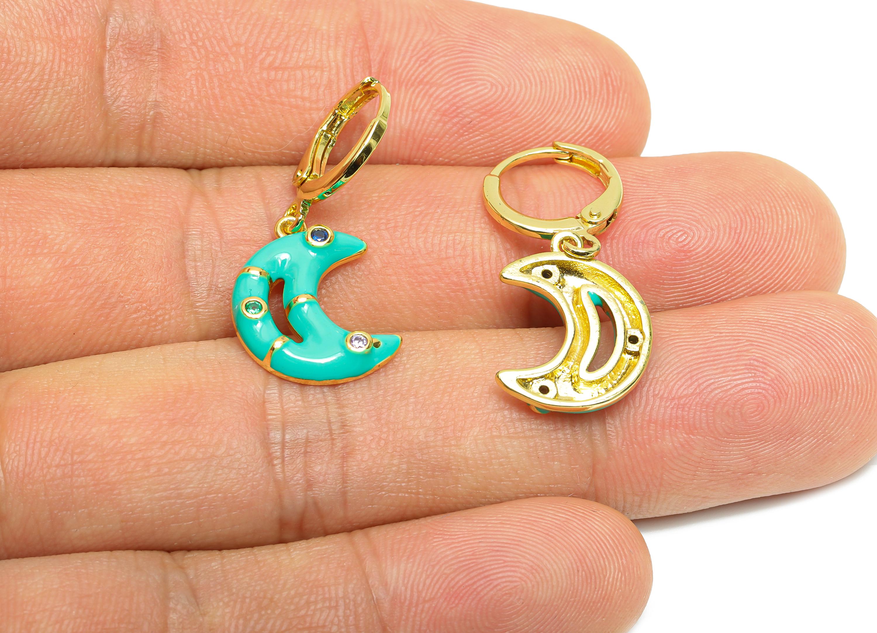 Dangle Hoop Lever back Earrings - Green Enamel Crescent Earring - Brass CZ Huggie Hoop Clasp - 18K Real Gold Plated -30.03x12.70x3mm-RGP9809 - DOMEDBAZAAR