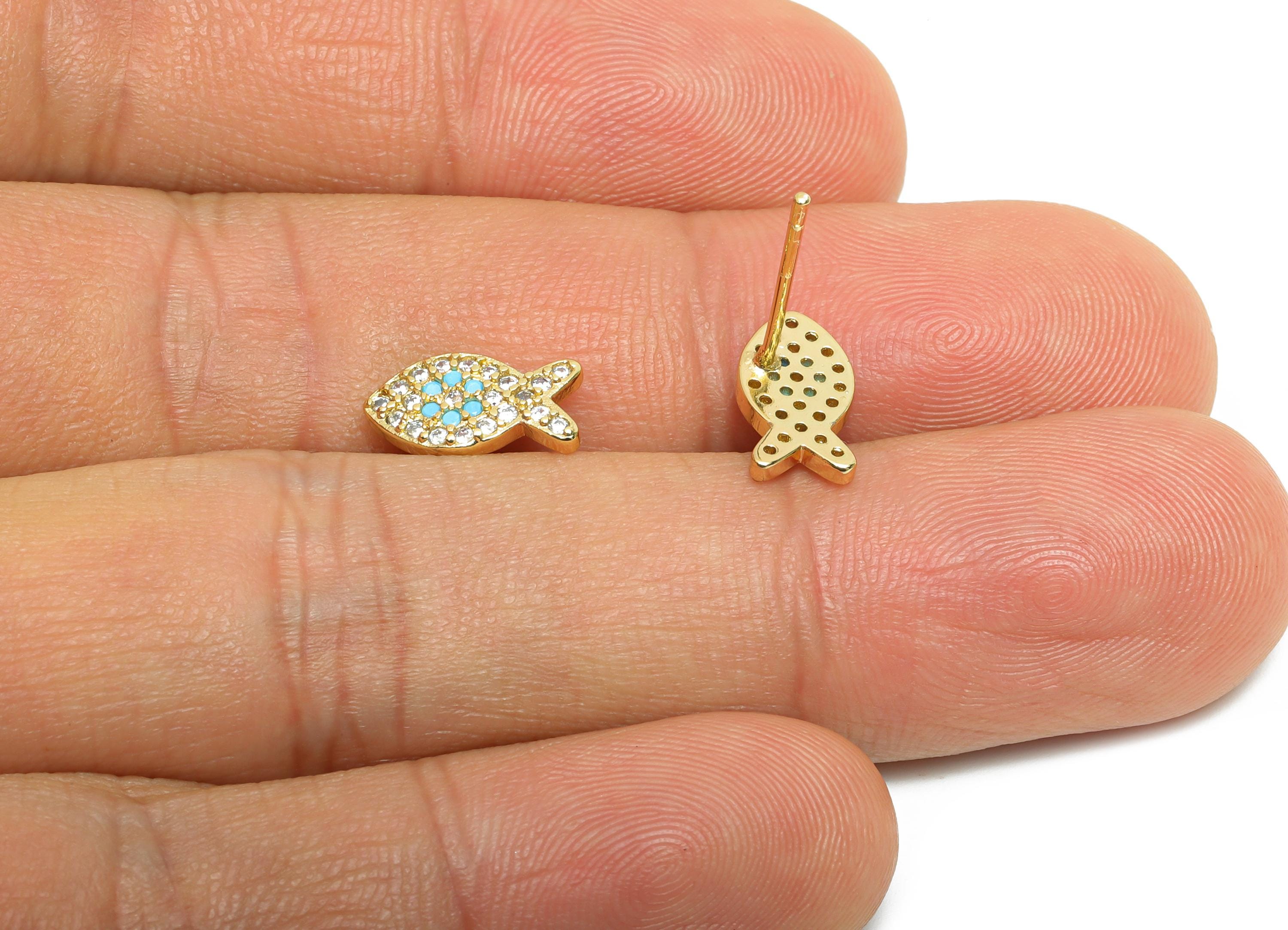 Brass CZ Fish Stud - Mini Sparkling Fish Earring Post for Girls - Gold Minimalism Jewelry - 18K Real Gold Plated -6.19x11.19x0.78mm -RGP9831 - DOMEDBAZAAR