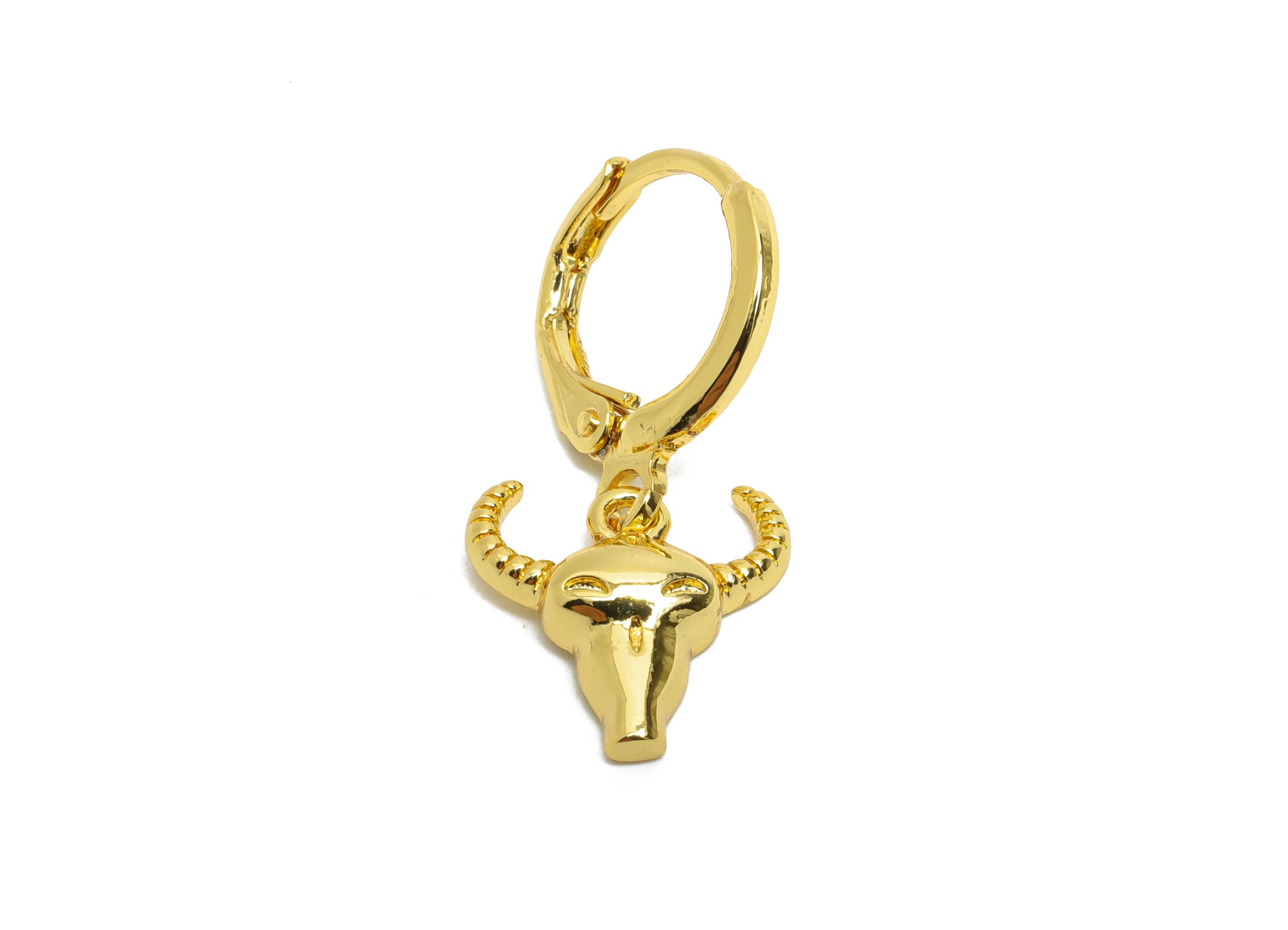 Dangle Bull Hoop Lever back Earring - Gold Bull Head Hanging Earring - Brass Huggie Hoop Clasp - 18K Gold Plated -23.69x11.71x3.29mm-RGP9792 - DOMEDBAZAAR