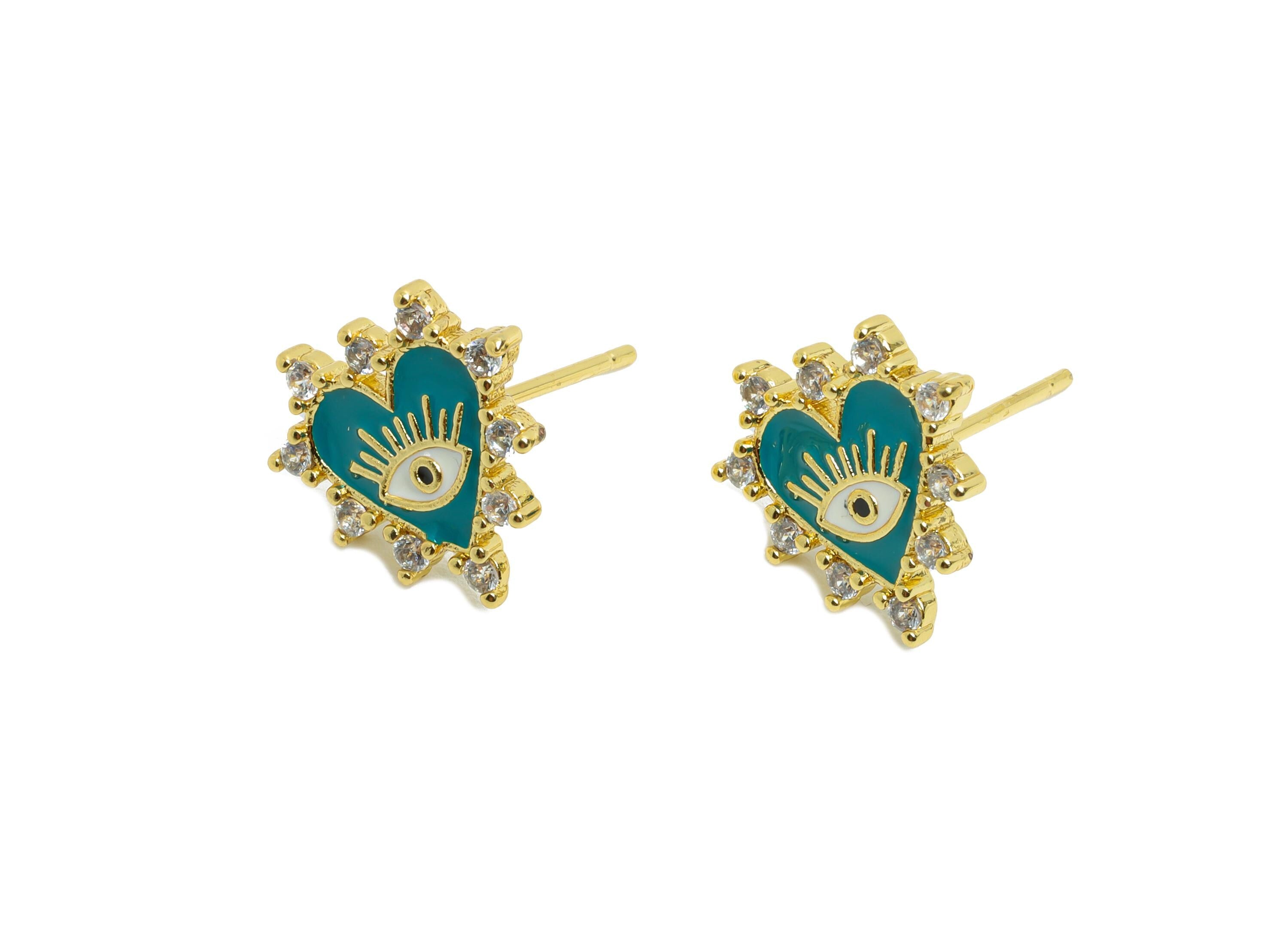Brass CZ Heart Stud - Modern Enamel Eye Earring Post for Gift - Gold Sparkling Jewelry - 18K Real Gold Plated - 12.48x13.3x0.75mm - RGP9824 - DOMEDBAZAAR