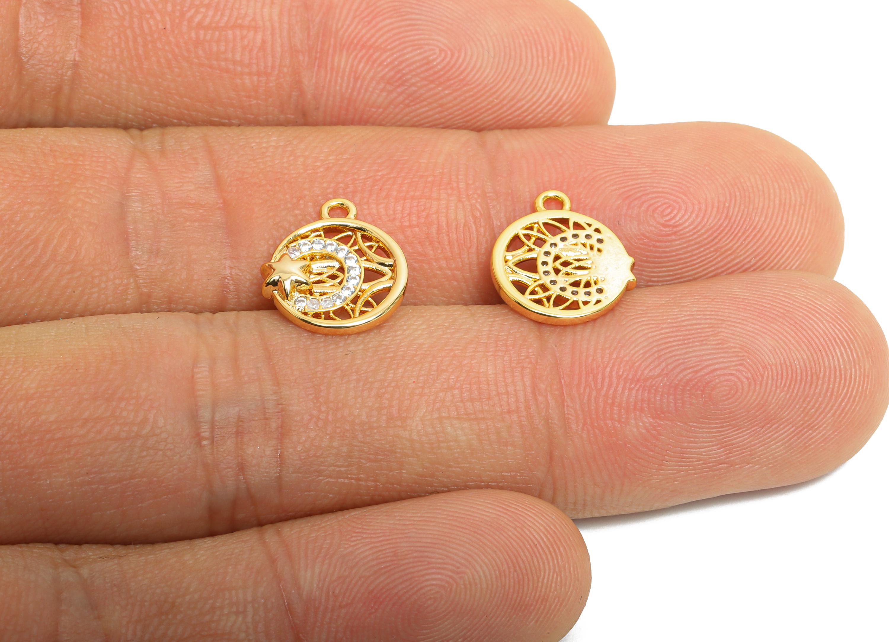 Brass Crescent Star Earring Charm - Shimmering Cubic Zircon Charm - Gold Jewelry - Dazzling Charm - 18K Real Gold Plated - 12x11x2mm-RGP9888 - DOMEDBAZAAR