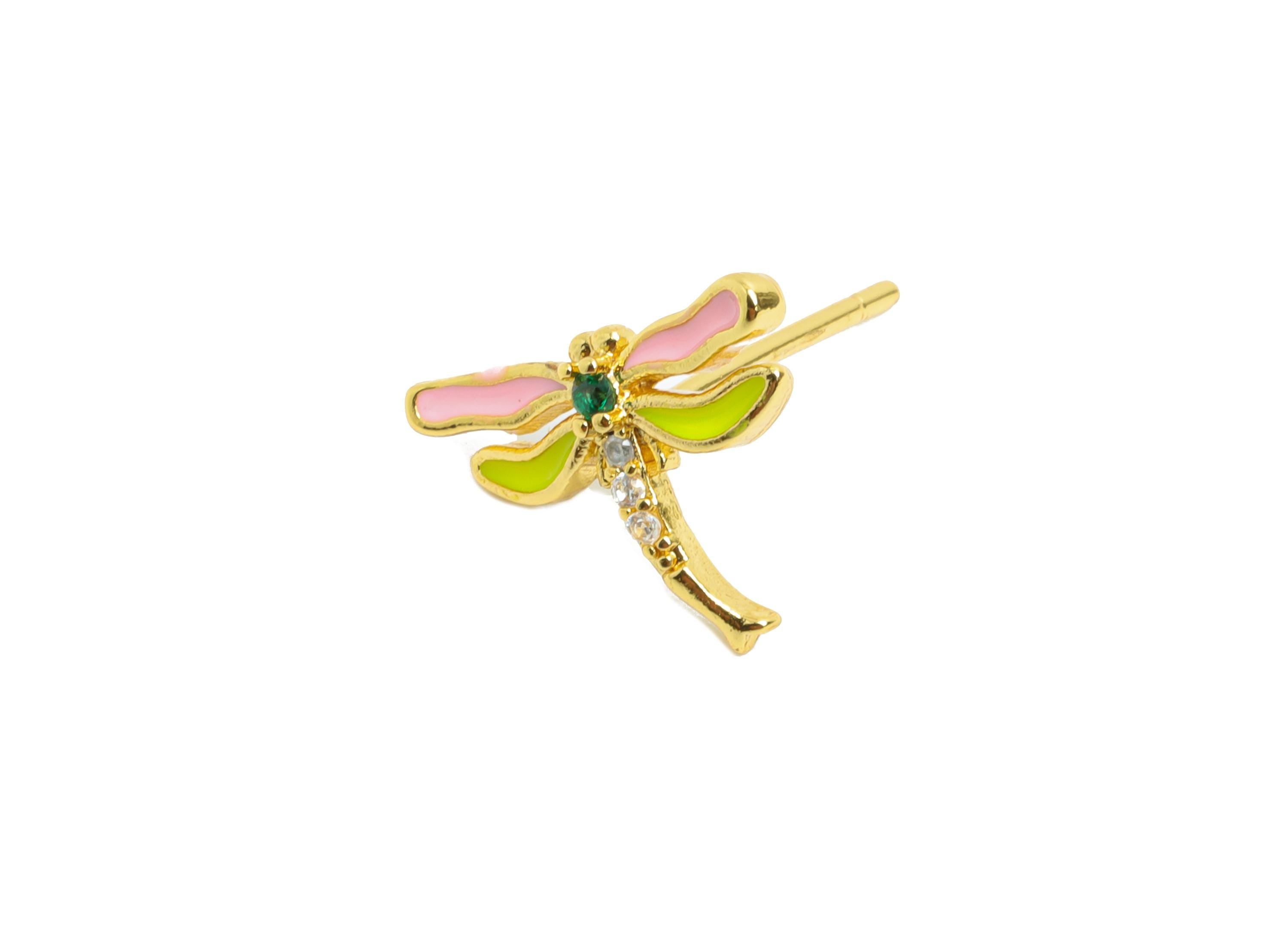 Brass CZ Dragonfly Stud - Modern Enamel Earring Post for Gift - Gold Sparkling Jewelry - 18K Real Gold Plated - 10.12x13.69x0.89mm - RGP9827 - DOMEDBAZAAR