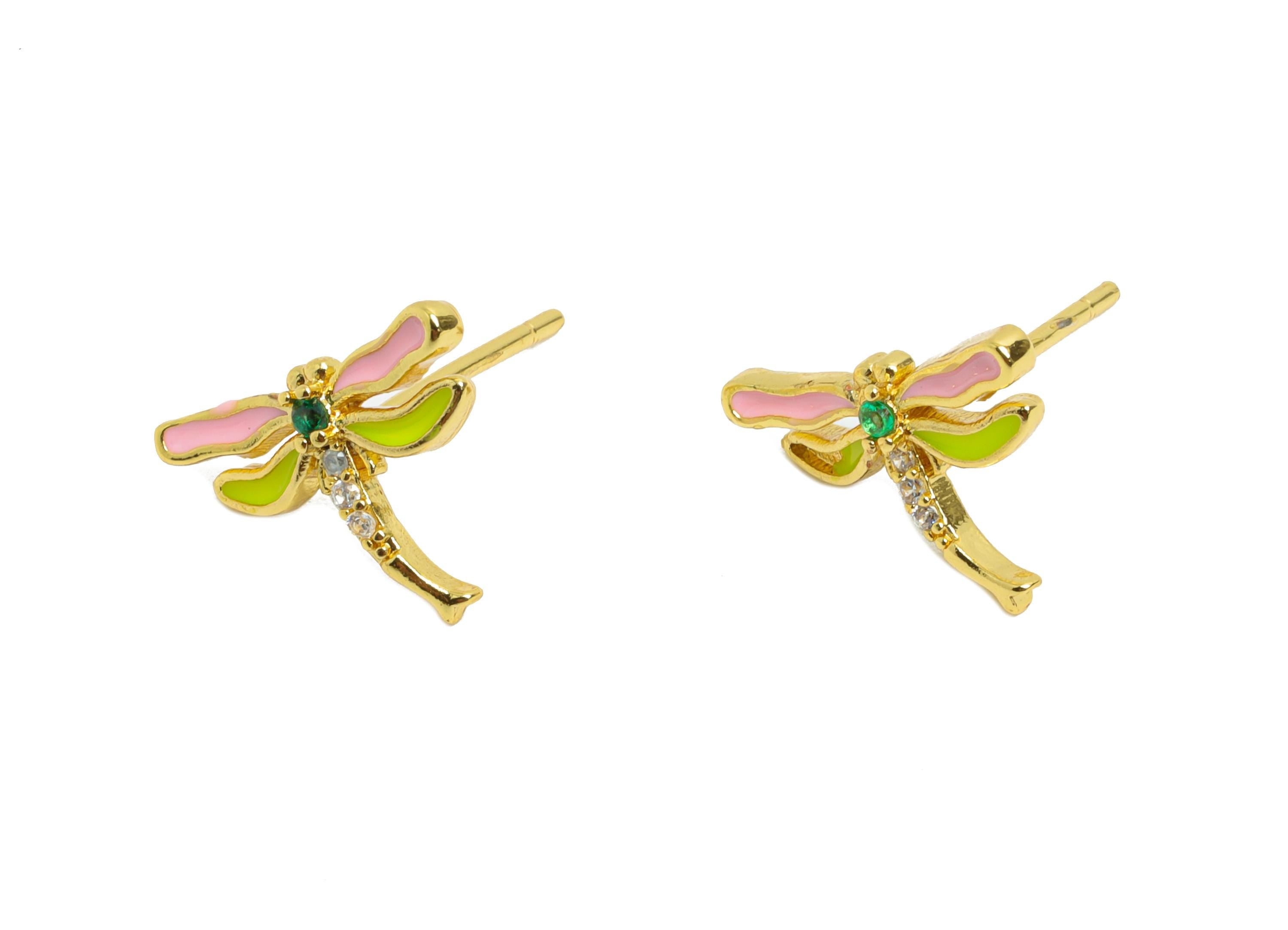 Brass CZ Dragonfly Stud - Modern Enamel Earring Post for Gift - Gold Sparkling Jewelry - 18K Real Gold Plated - 10.12x13.69x0.89mm - RGP9827 - DOMEDBAZAAR