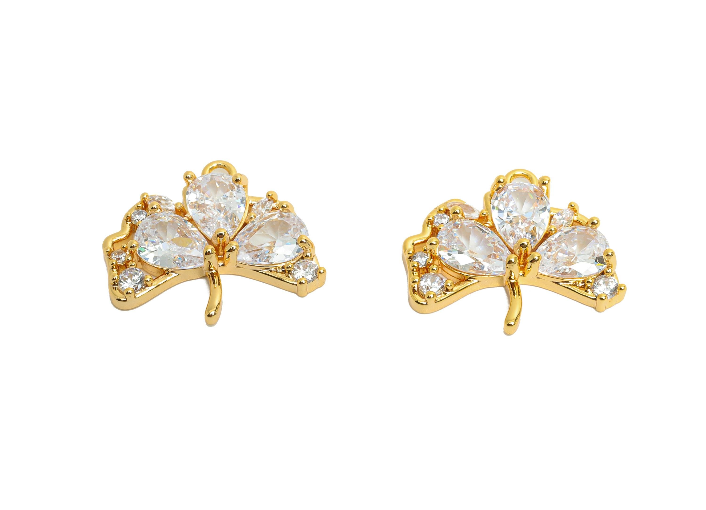 Brass Leaf Earring Charm - Ginkgo Leaf Cubic Zircon Drop Charm - Gold Jewelry - Nature Charm - 18K Real Gold Plated - 17x16x3.7mm - RGP9894 - DOMEDBAZAAR