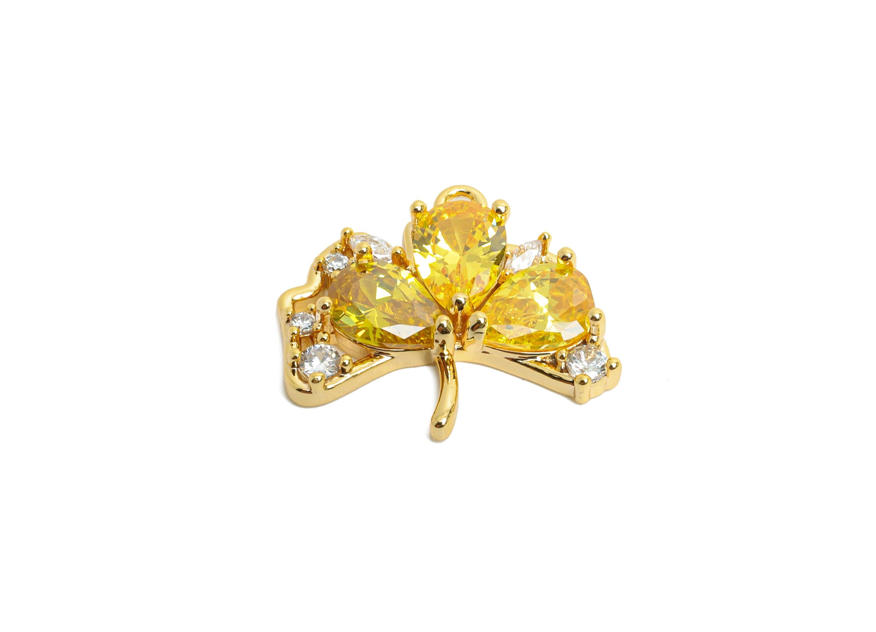 Brass Leaf Earring Charm - Yellow Ginkgo Leaf Cubic Zircon Drop Charm  - Nature Charm - 18K Real Gold Plating - 17x16x3.7mm - RGP9895 - DOMEDBAZAAR