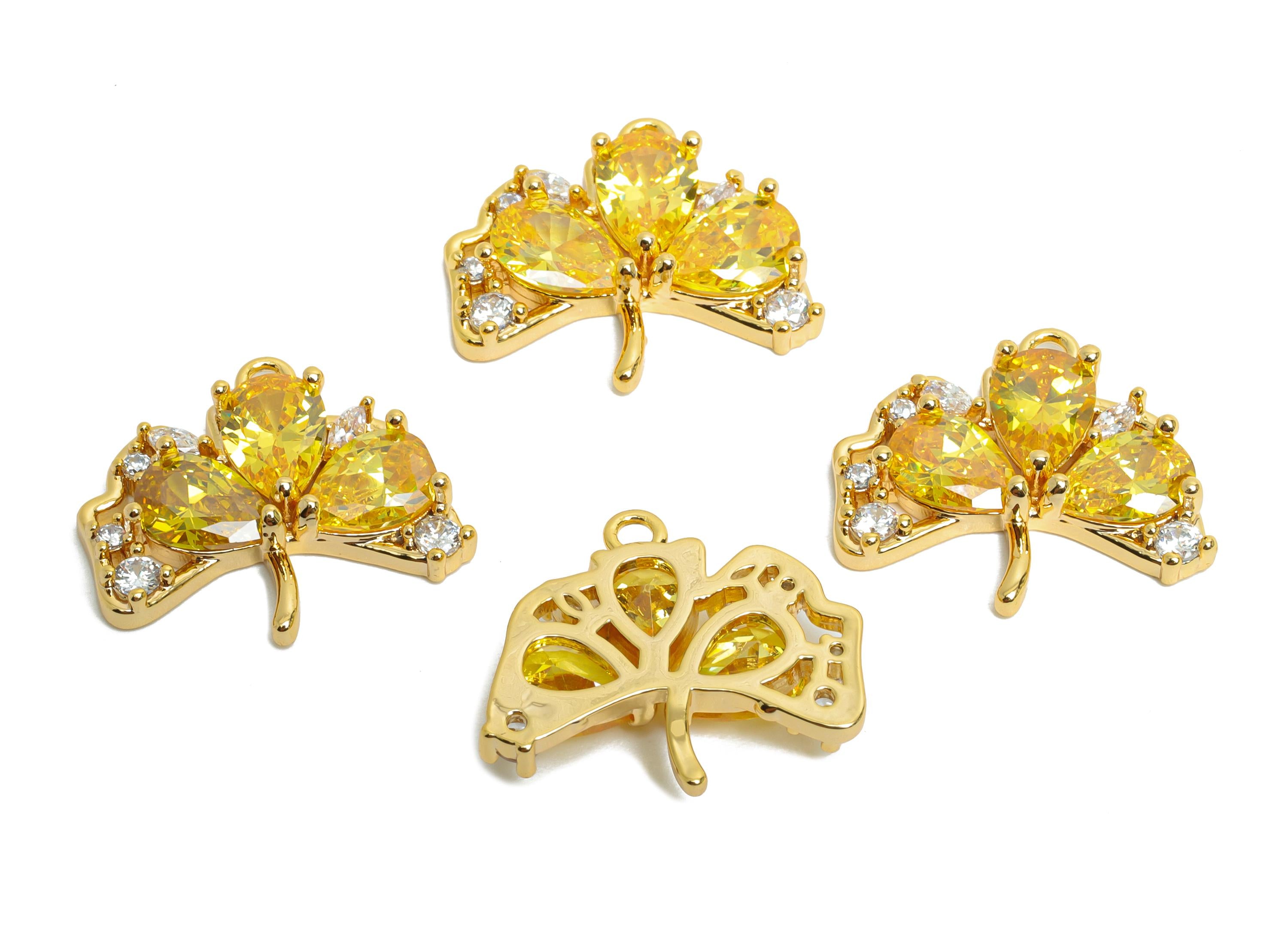 Brass Leaf Earring Charm - Yellow Ginkgo Leaf Cubic Zircon Drop Charm  - Nature Charm - 18K Real Gold Plating - 17x16x3.7mm - RGP9895 - DOMEDBAZAAR