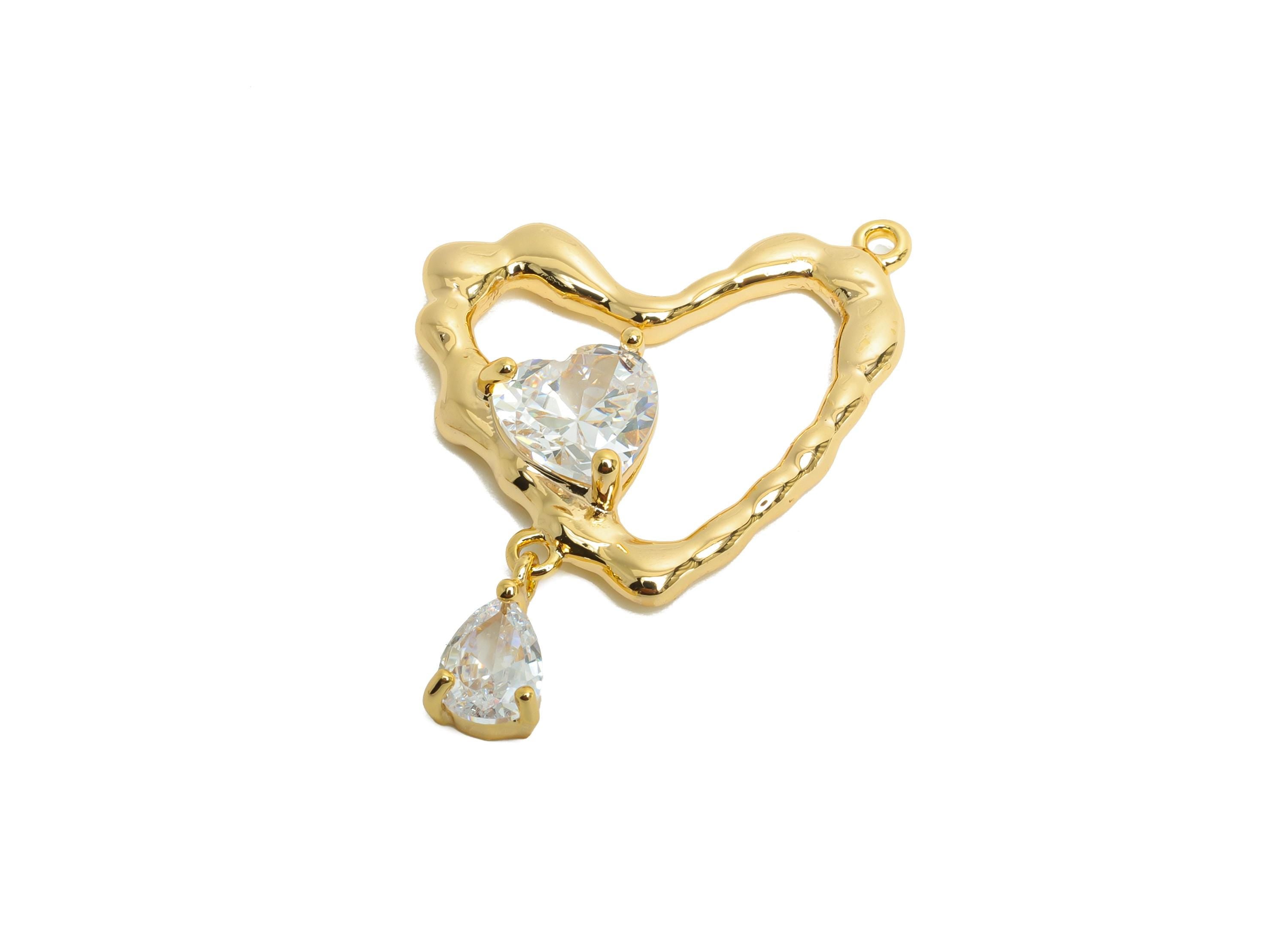 Brass Heart Earring Charm - Sparking Dangle Zircon Charm - Romantic Valentine&#39;s Day Jewelry - 18K Real Gold Plated - 23x22x5mm - RGP9906 - DOMEDBAZAAR