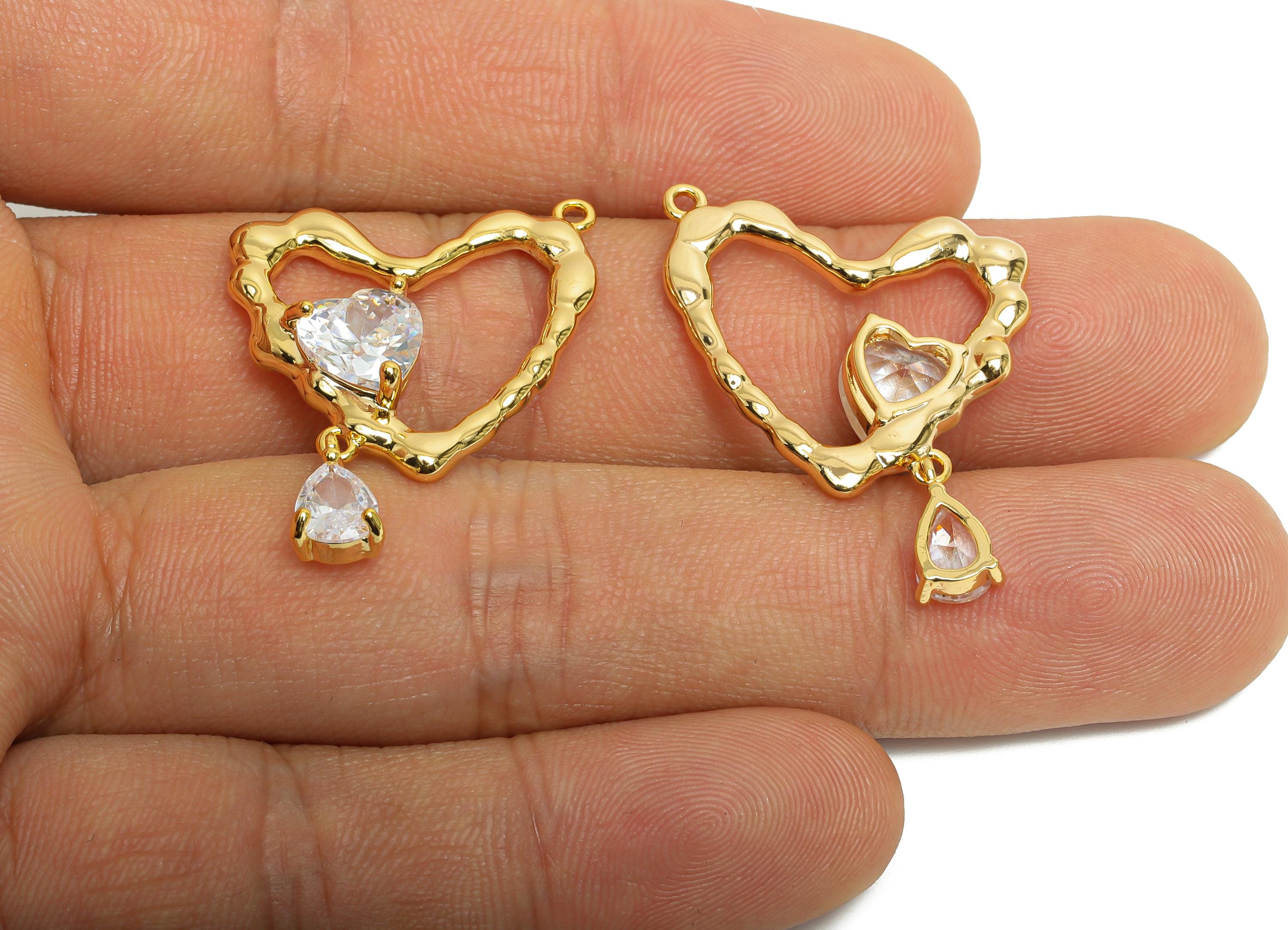 Brass Heart Earring Charm - Sparking Dangle Zircon Charm - Romantic Valentine&#39;s Day Jewelry - 18K Real Gold Plated - 23x22x5mm - RGP9906 - DOMEDBAZAAR