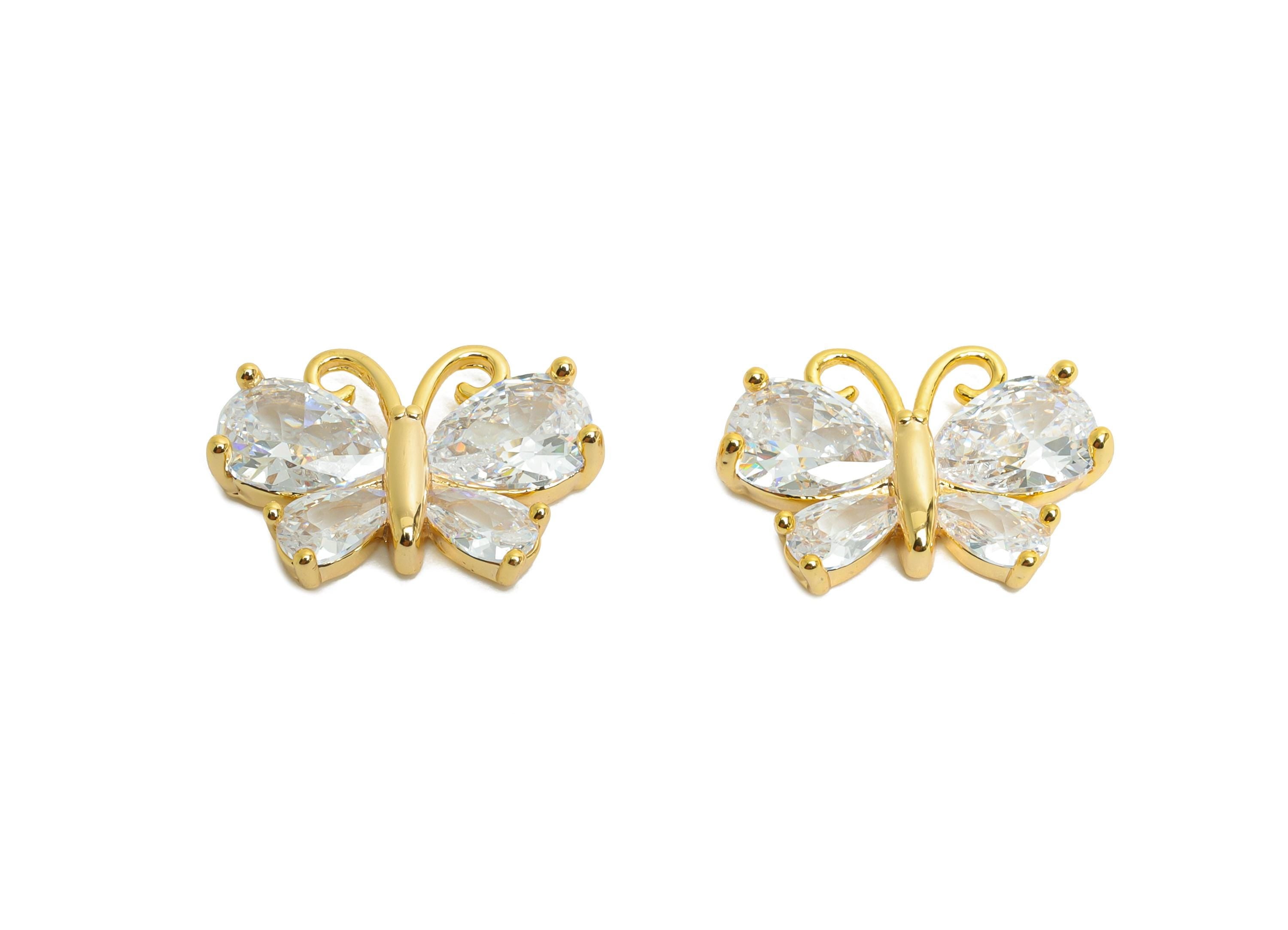 Brass Butterfly Charm - Brass Teardrop Gemstone Earring Charm - Cubic Zircon Whimsical Jewelry - 18K Real Gold Plated - 15x11x3mm -RGP9887 - DOMEDBAZAAR