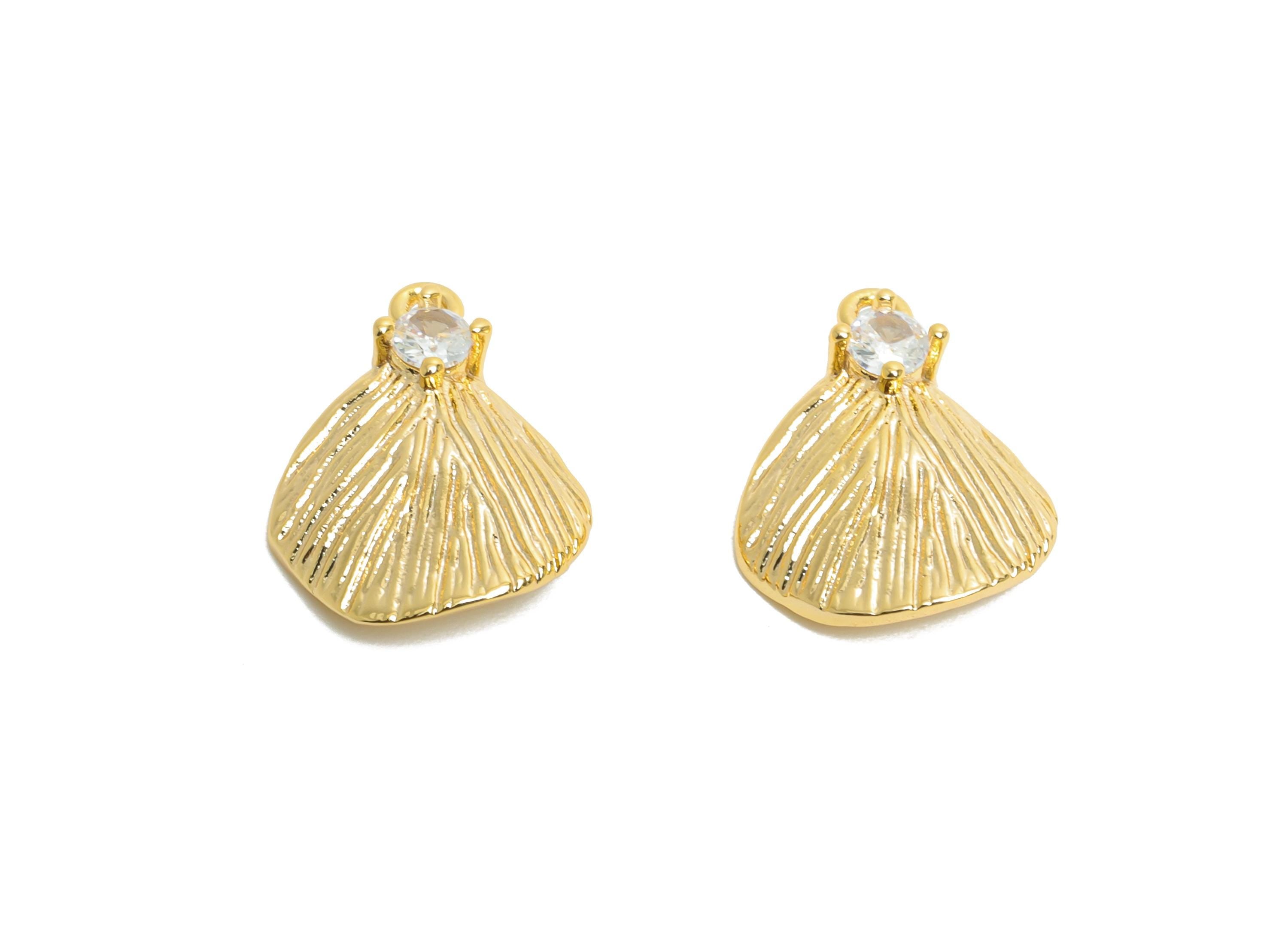 Brass CZ Seashell Charm - Brass Artistic Textured Earring Charm - Cubic Zircon Sparkling Gemstone - 18K Real Gold Plated - 11x15x3mm-RGP9934 - DOMEDBAZAAR