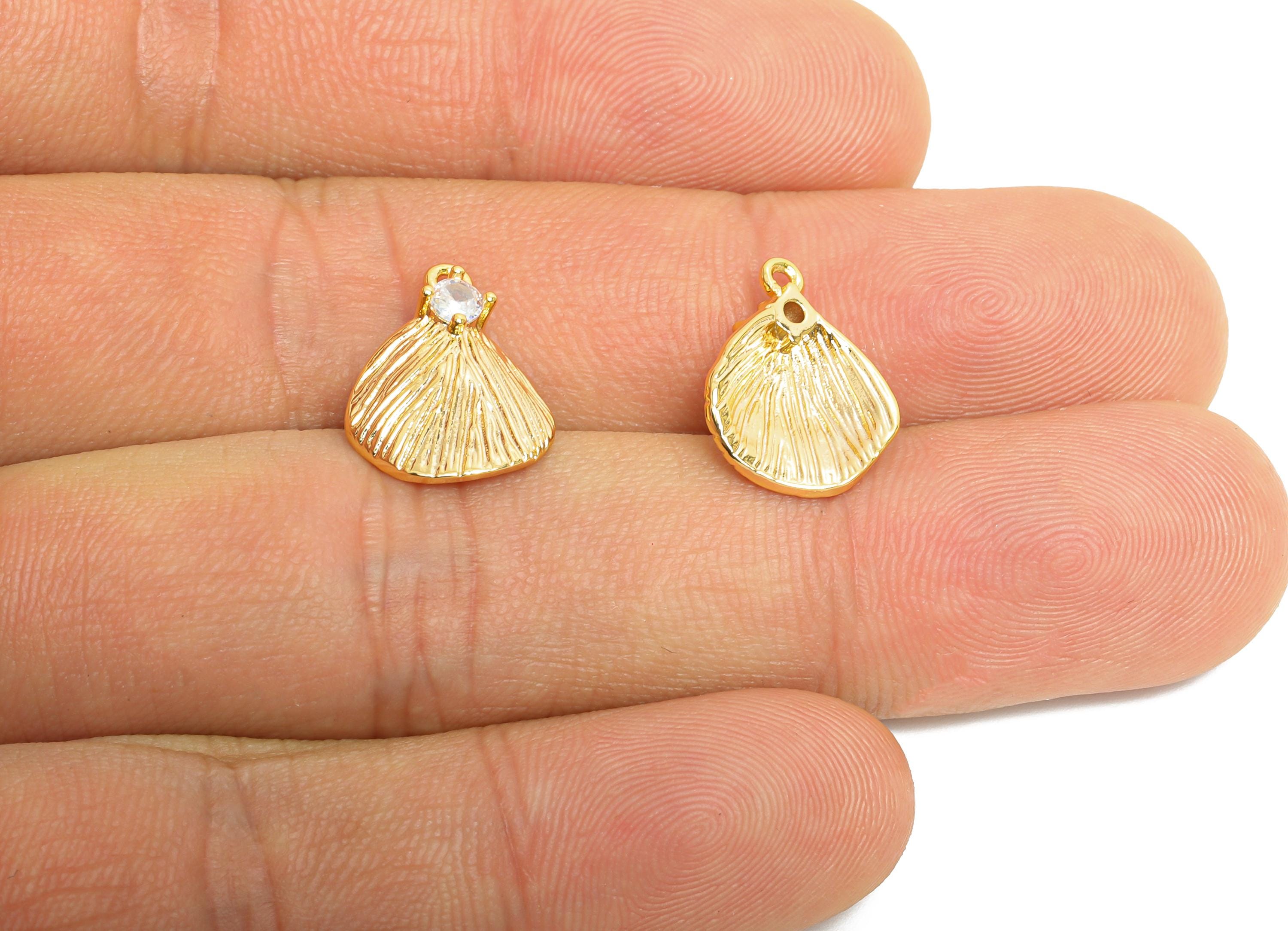 Brass CZ Seashell Charm - Brass Artistic Textured Earring Charm - Cubic Zircon Sparkling Gemstone - 18K Real Gold Plated - 11x15x3mm-RGP9934 - DOMEDBAZAAR