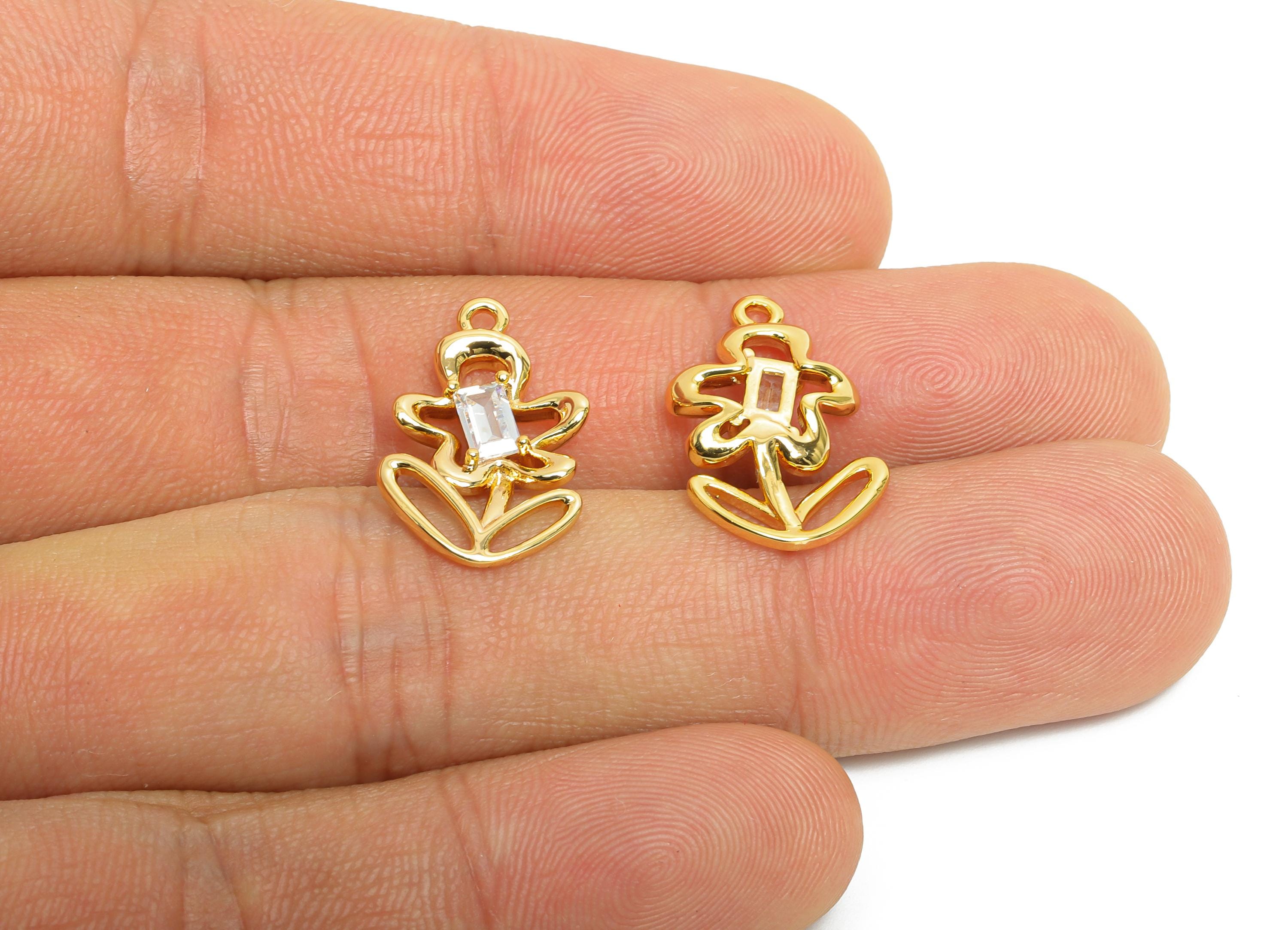 Brass Floral Charm - Brass Elegant Rectangle Gemstone Earring Charm - Cubic Zircon Nature Jewelry - 18K Real Gold Plated - 19x12x2mm-RGP9912 - DOMEDBAZAAR