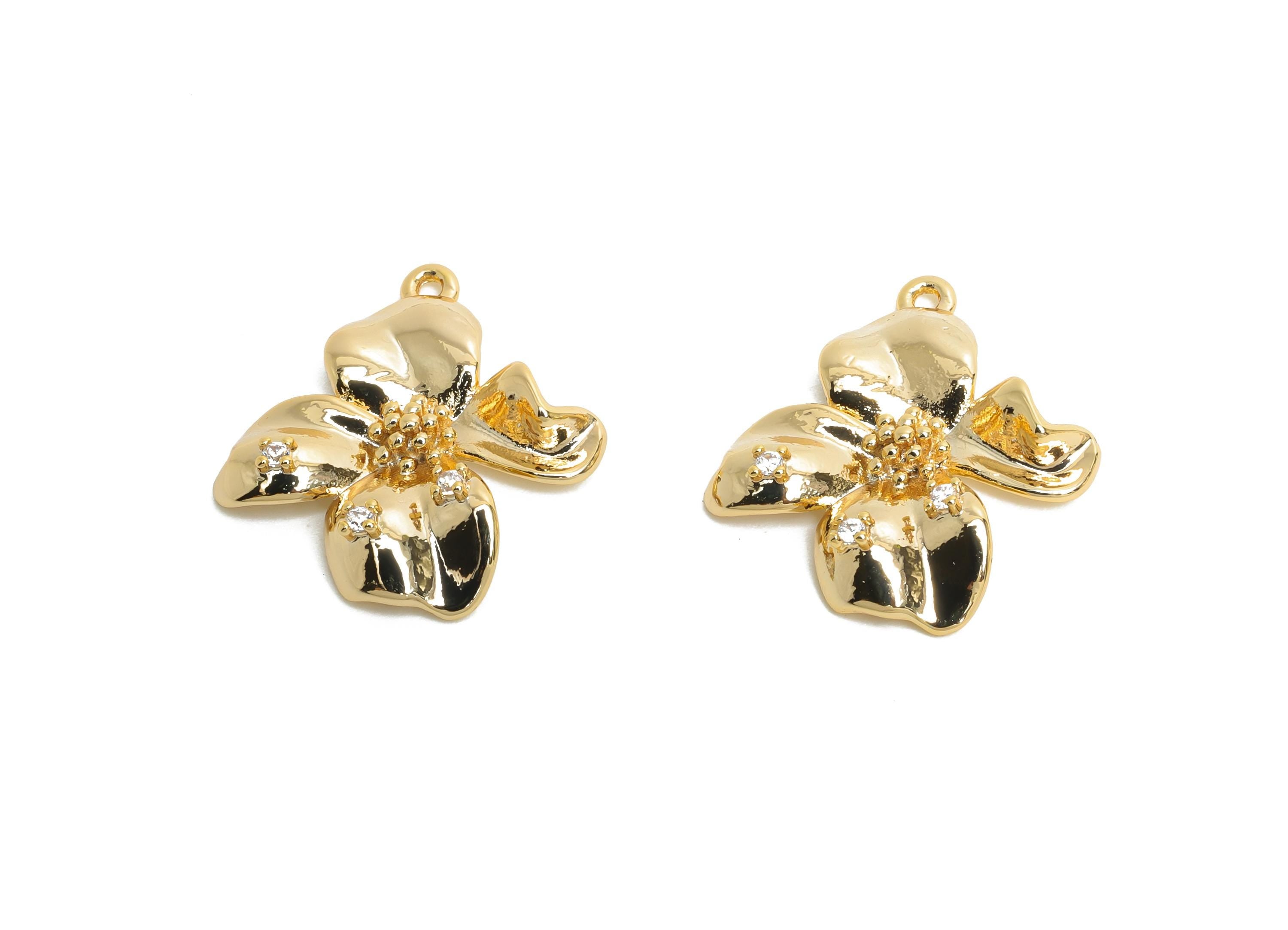 Brass Daisy Charm - Brass Elegant Flora Earring Charm - Cubic Zircon Nature Jewelry - Gold Pendant - 18K Real Gold Plated -19x14x3mm-RGP9927 - DOMEDBAZAAR