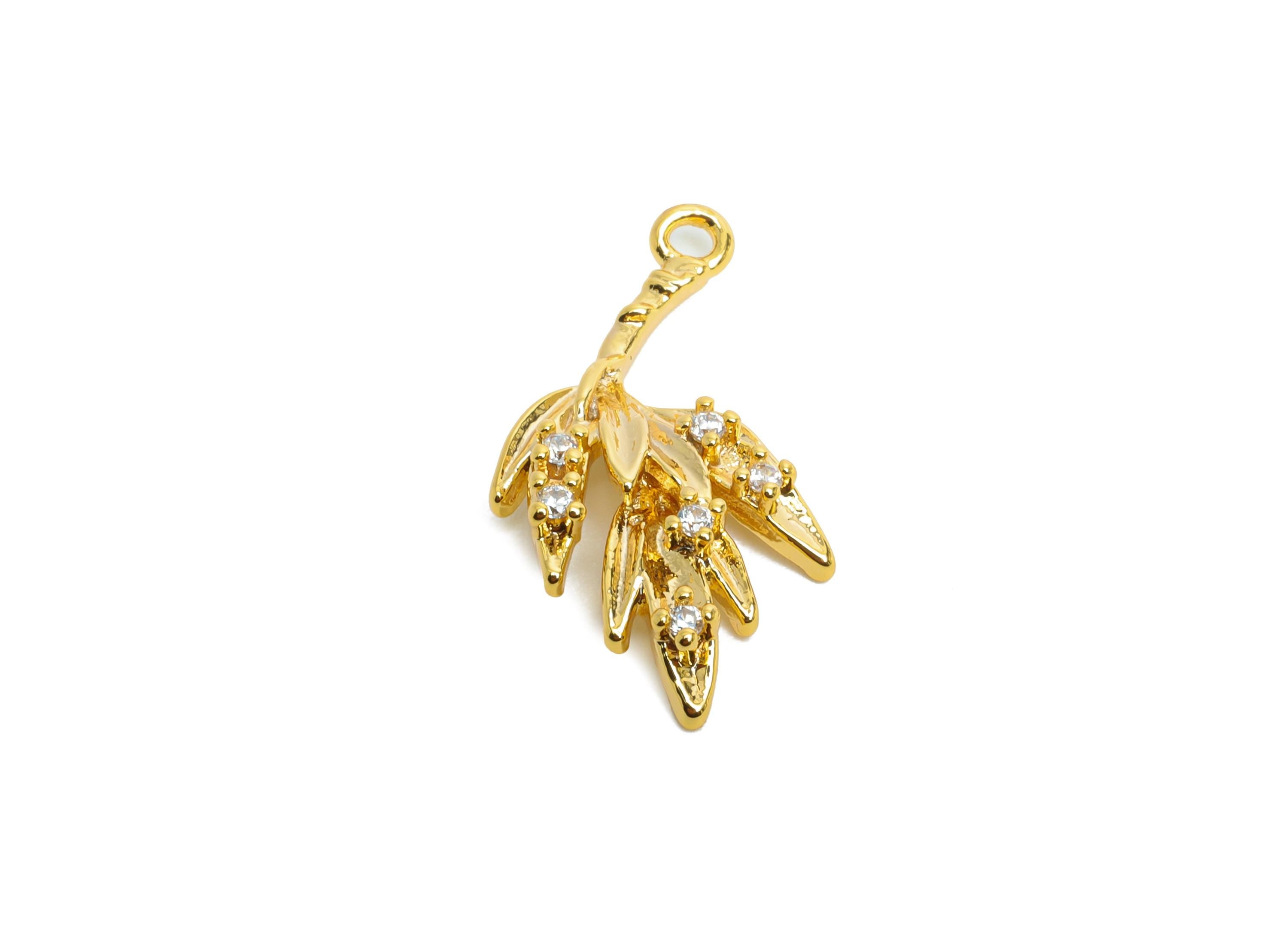 Brass Leaf Charm - Brass Luxury CZ Earring Charm - Cubic Zircon Nature Jewelry - Botanical Pendant - 18K Real Gold Plated -20x10x3mm-RGP9931 - DOMEDBAZAAR