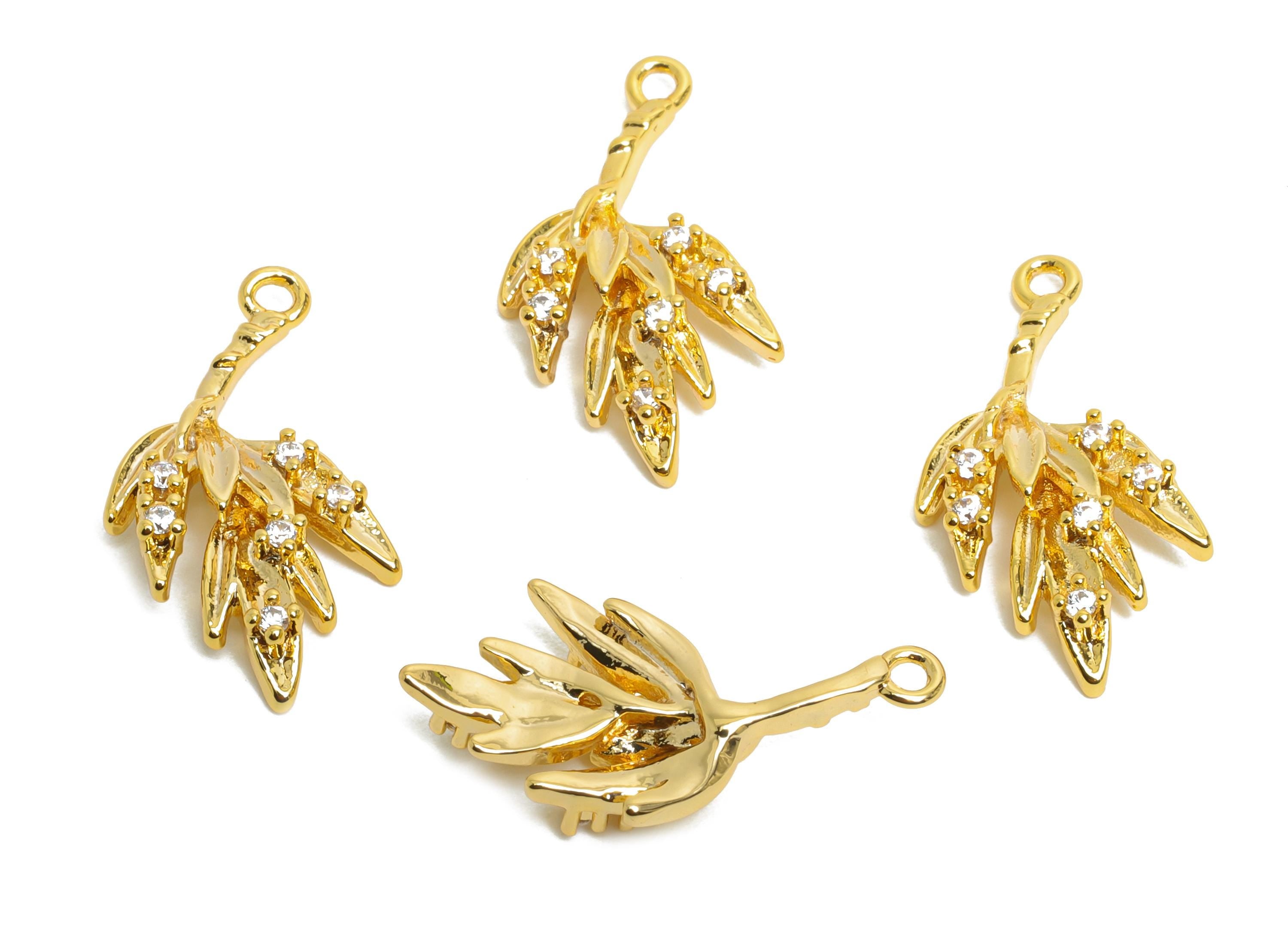Brass Leaf Charm - Brass Luxury CZ Earring Charm - Cubic Zircon Nature Jewelry - Botanical Pendant - 18K Real Gold Plated -20x10x3mm-RGP9931 - DOMEDBAZAAR